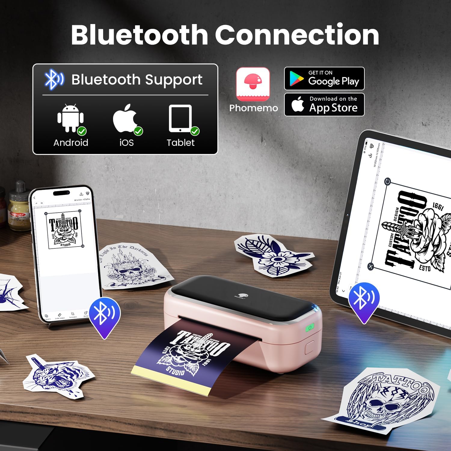 Phomemo TP31 Mini Stampante Stencil Tattoo Bluetooth, Rosa - immagine 5