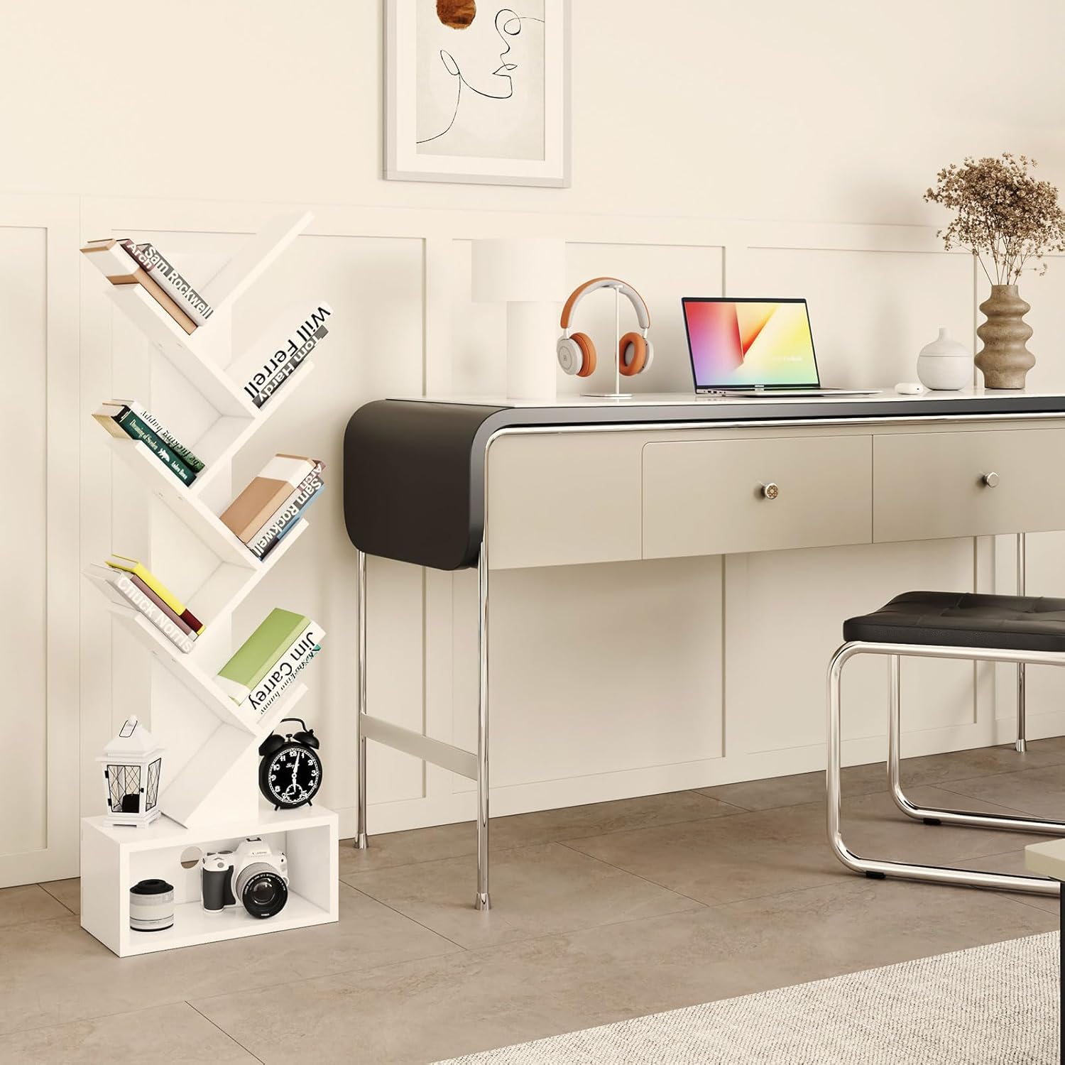 Ymyny Libreria ad Albero 6 Ripiani con Cassetti, Bianco - immagine 2