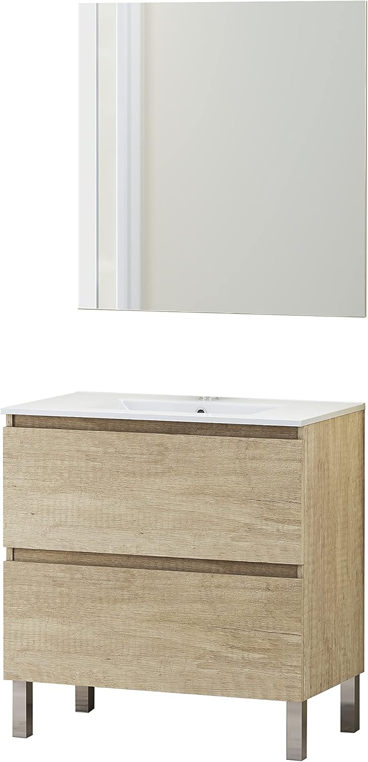 Baikal - Mobile Bagno con Lavabo e Specchio 80cm Nature