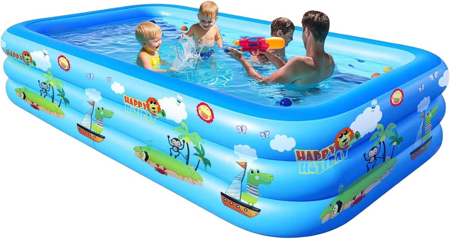 GALAXYER Piscina Gonfiabile con Stampe di Cartoni Animati, Grande Piscina 3 Anelli per Famiglie, Piscina da Giardino per Interni ed Esterni, 205 × 125 × 50 cm