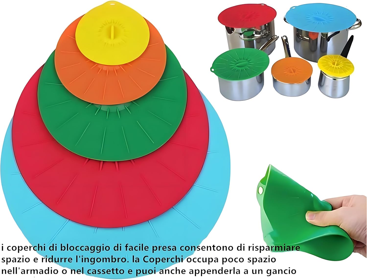 Coperchi in silicone per pentole e microonde - Set 5 pezzi - immagine 6