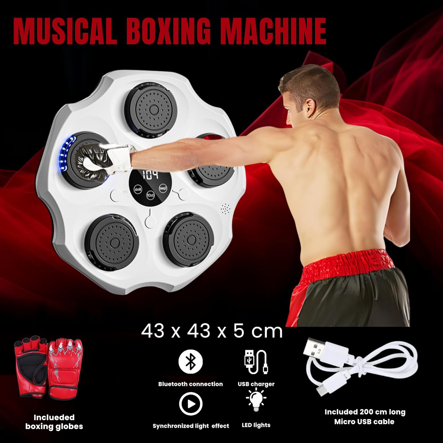 Macchina da Boxe Musicale con LED e Bluetooth 43x43 cm - immagine 2