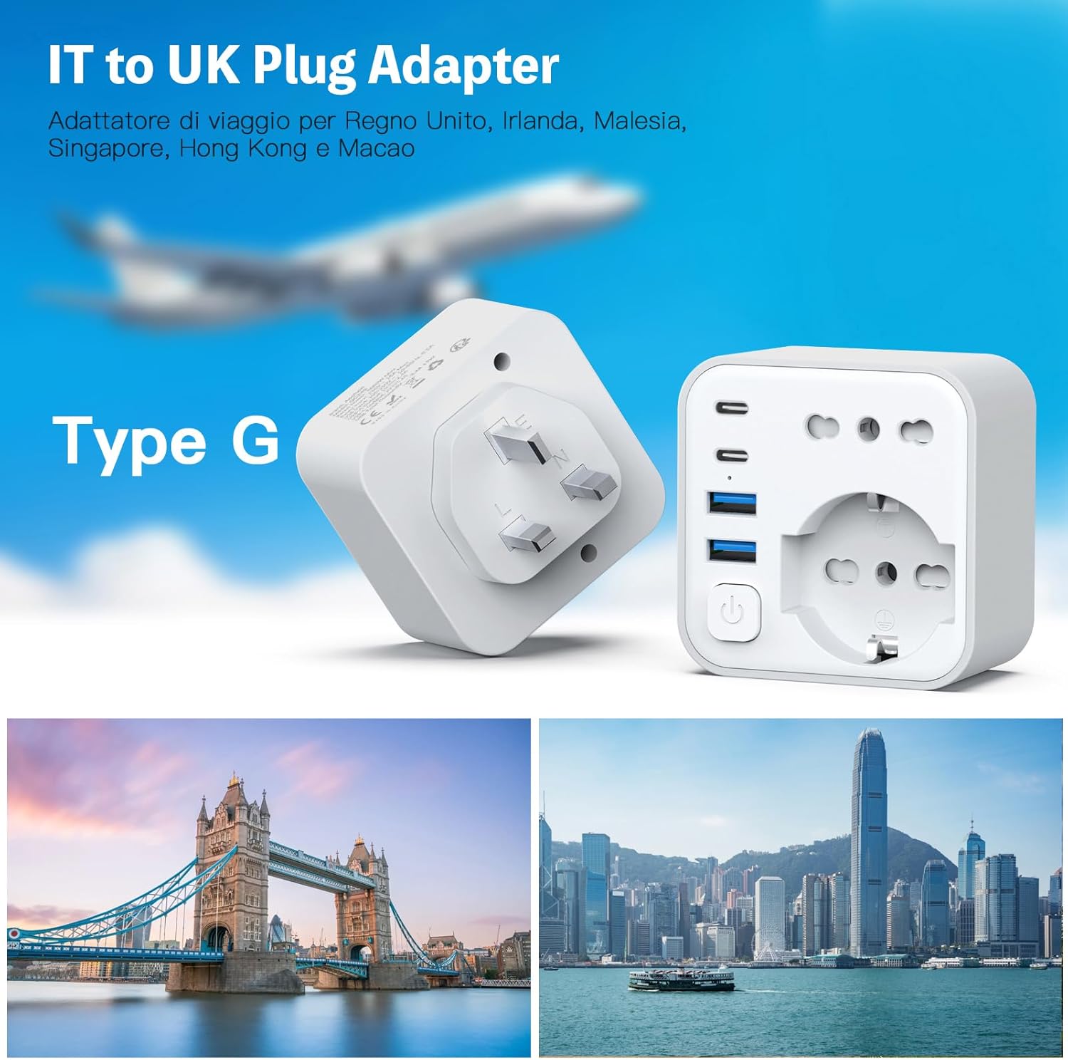 Aochxin Adattatore Presa Inglese 6 in 1 con 4 USB - immagine 2