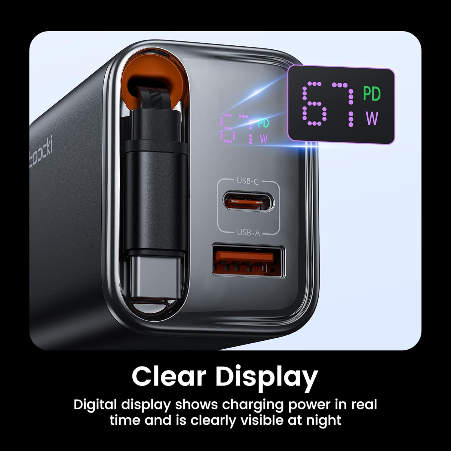 Toocki Caricatore USB-C GaN 67W 3 Porte con Display LED - immagine 3
