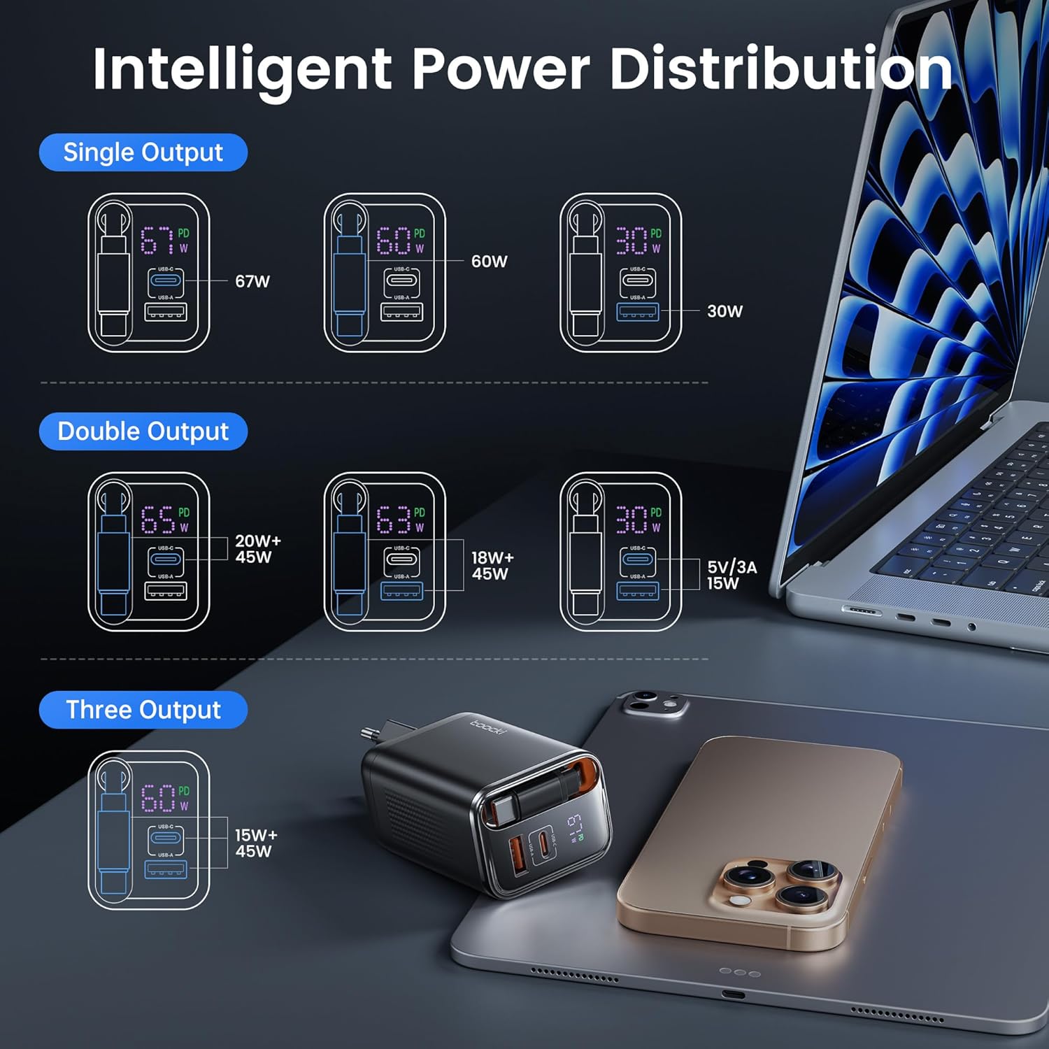 Toocki Caricatore USB-C GaN 67W 3 Porte con Display LED - immagine 6