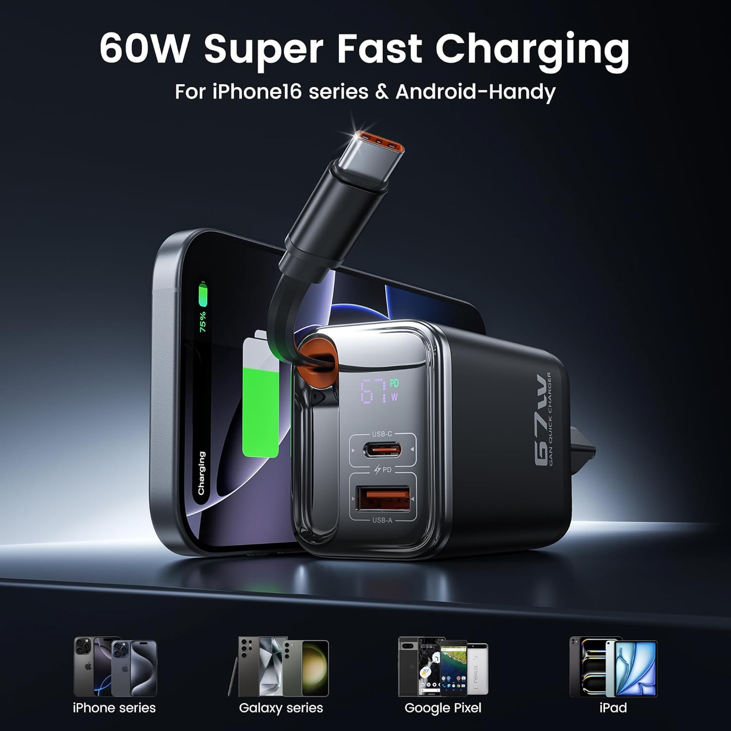 Toocki Caricatore USB-C GaN 67W 3 Porte con Display LED - immagine 7