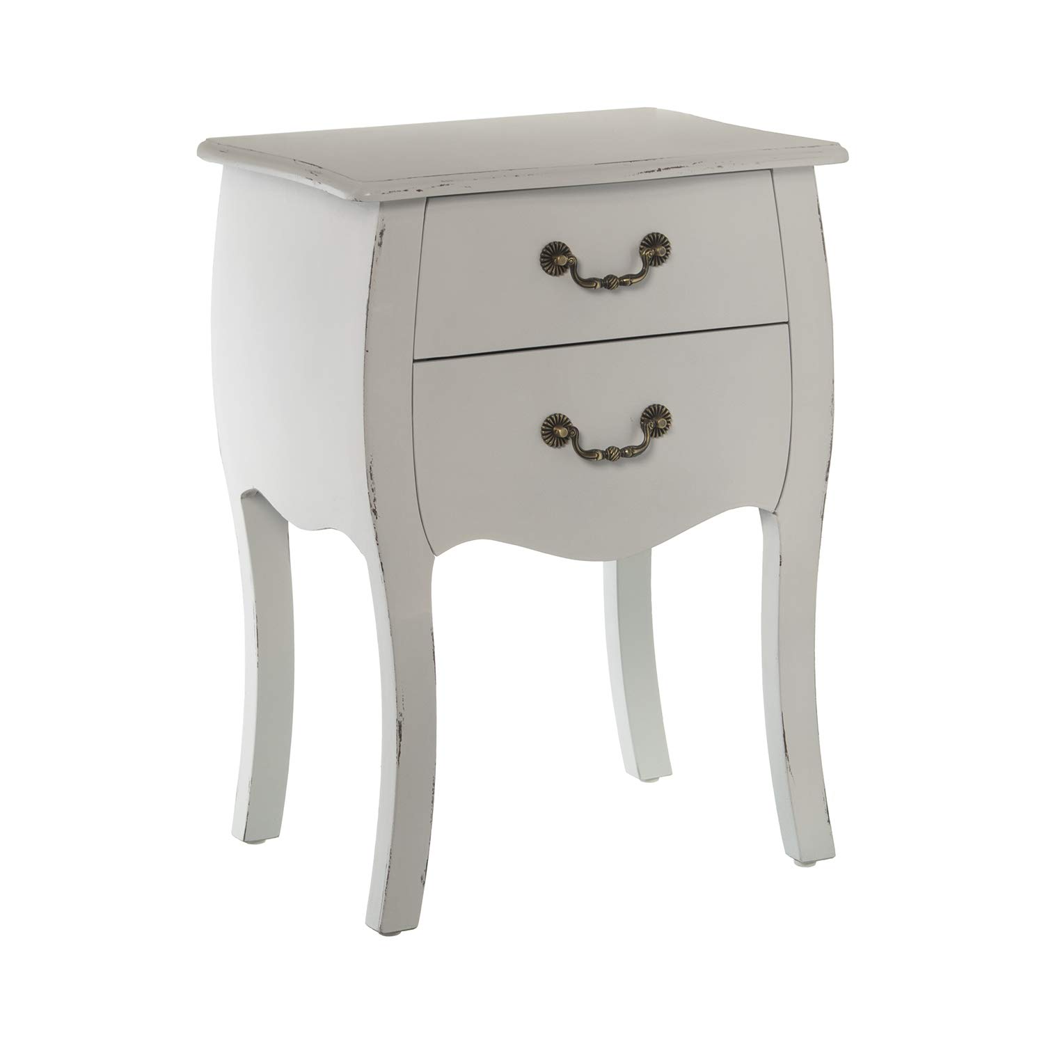 DRW Comodino con 2 cassetti in Legno Bianco Invecchiato 45x36x62cm