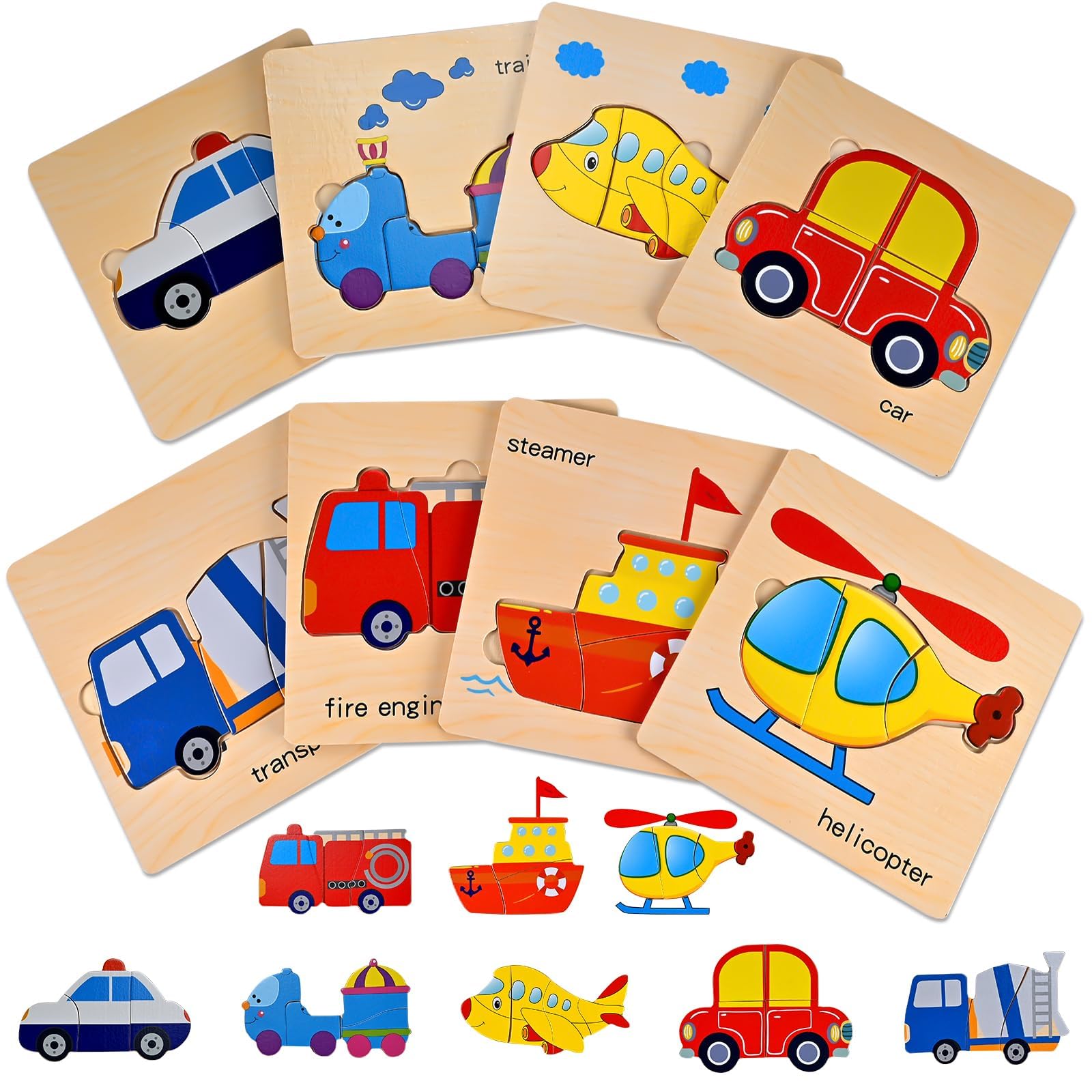 8 Puzzle in Legno per Bambini, Giochi Incastro Montessori 1 2 3 Anni, Puzzle Legno Veicoli Educativi, Giochi Educativi Bambini 2 Anni, 1 Anno, Giocattolo Regalo Bimbo Bimba