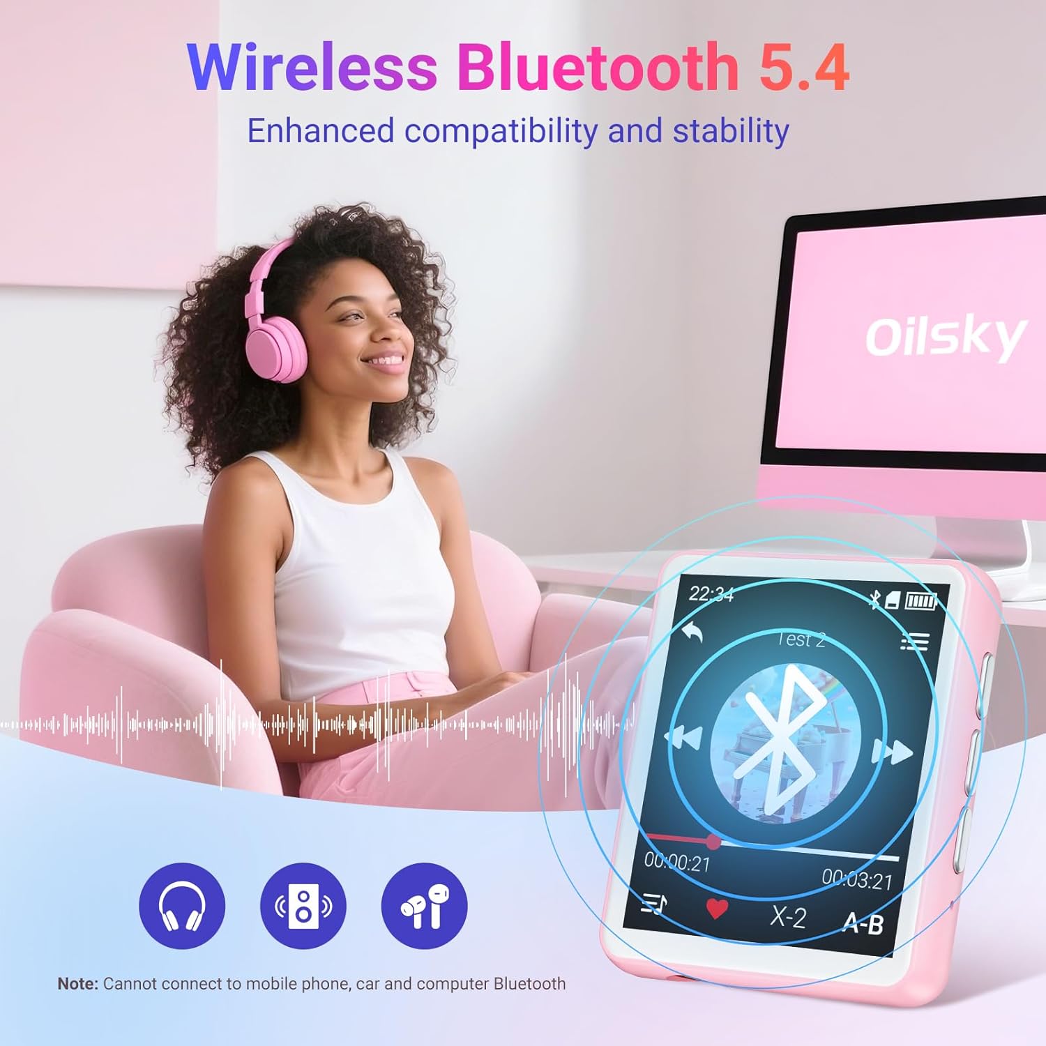 Lettore MP3 Bluetooth 128GB con Altoparlante, Rosa - immagine 2