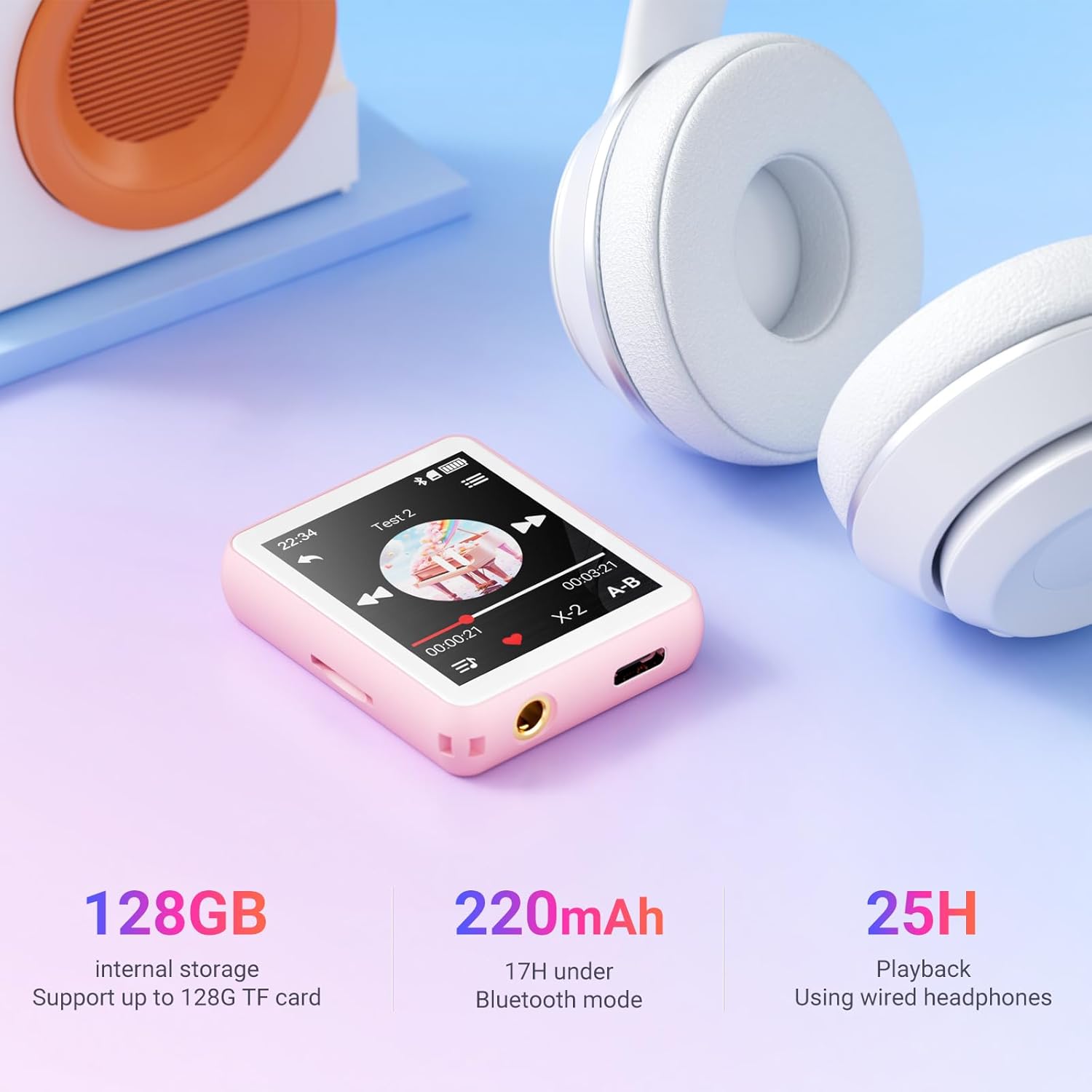 Lettore MP3 Bluetooth 128GB con Altoparlante, Rosa - immagine 3