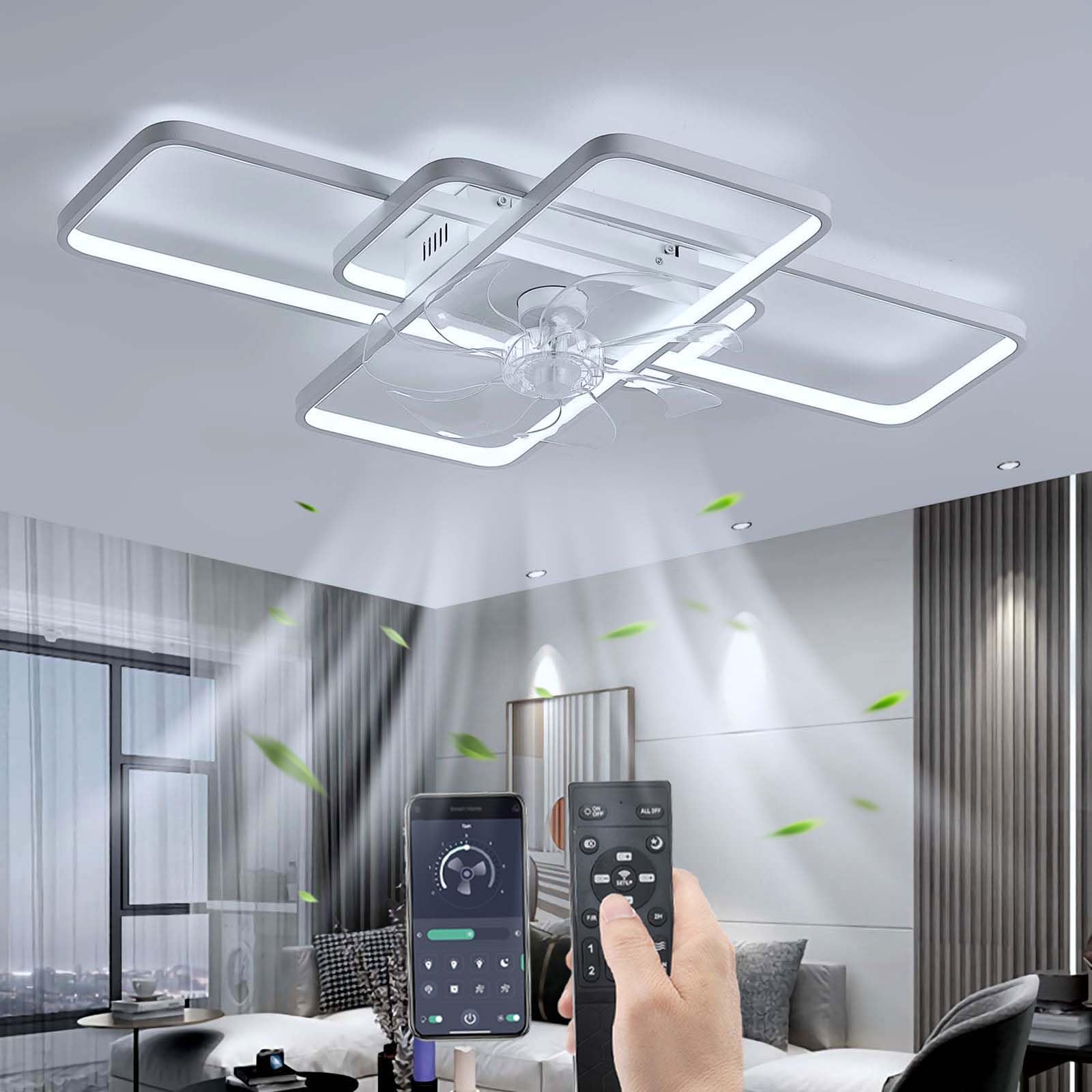 YUNZI Ventilatore da Soffitto LED 80W Dimmerabile, Bianco
