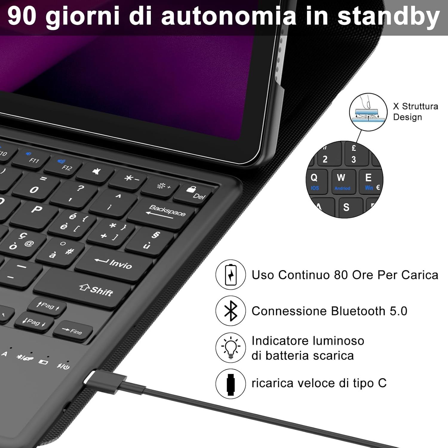 Iveoppe Tastiera con Touchpad per Lenovo Tab P12 12.7" - immagine 4
