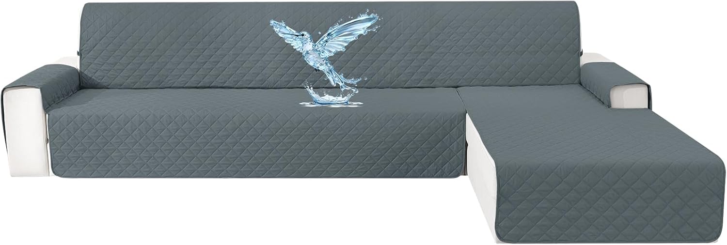 Copridivano Impermeabile 4 Posti con Penisola, Grigio Scuro - immagine 1