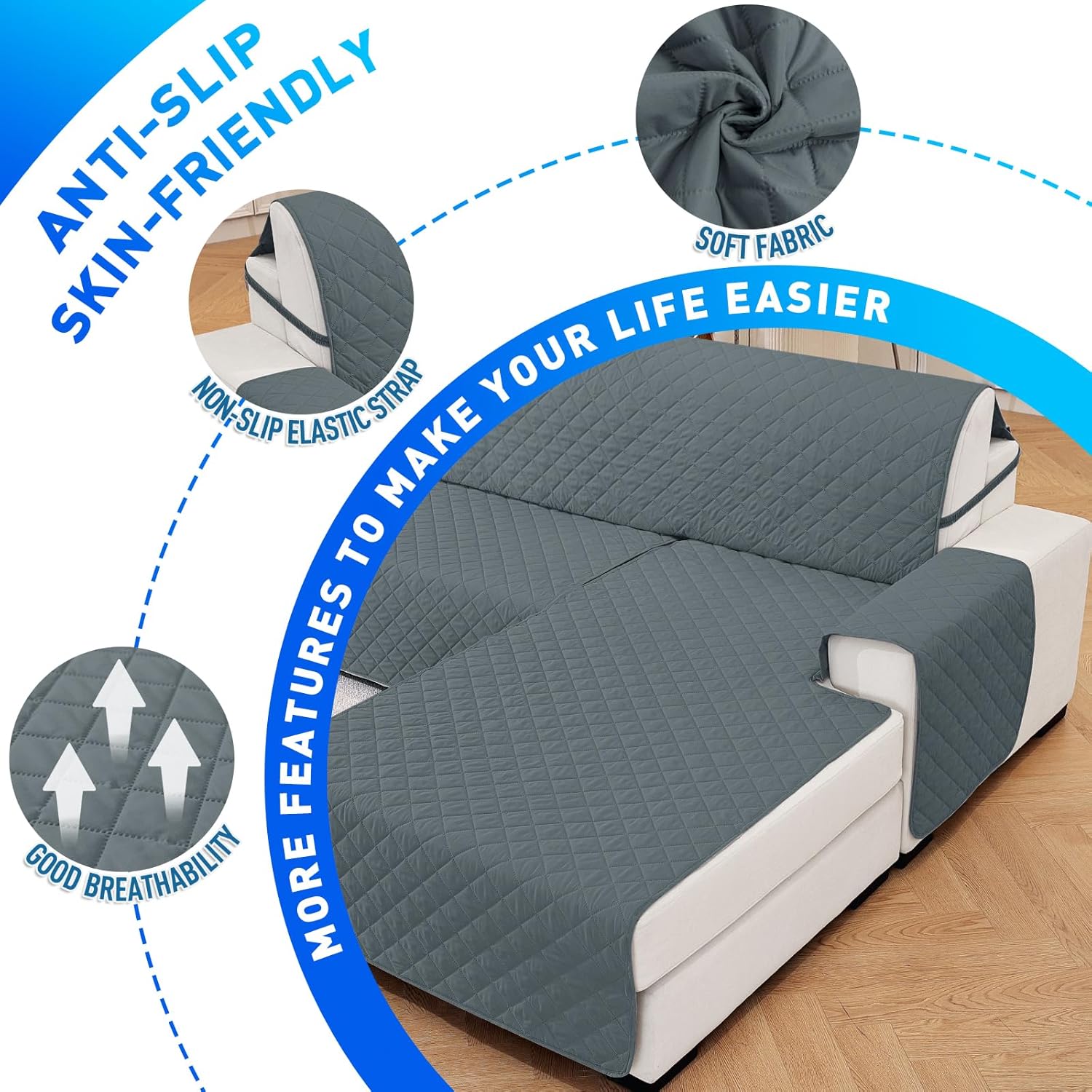 Copridivano Impermeabile 4 Posti con Penisola, Grigio Scuro - immagine 5