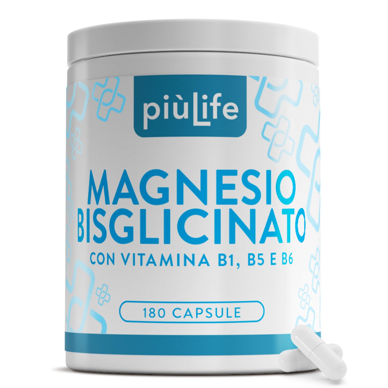 Magnesio Bisglicinato Capsule PiùLife, 300mg Con Vitamina B6, B1, B5, Organico – come Integratore Magnesio Glicinato ad Alta Biodisponibilità – Muscoli, Ossa, Sistema Nervoso, Stress e Stanchezza
