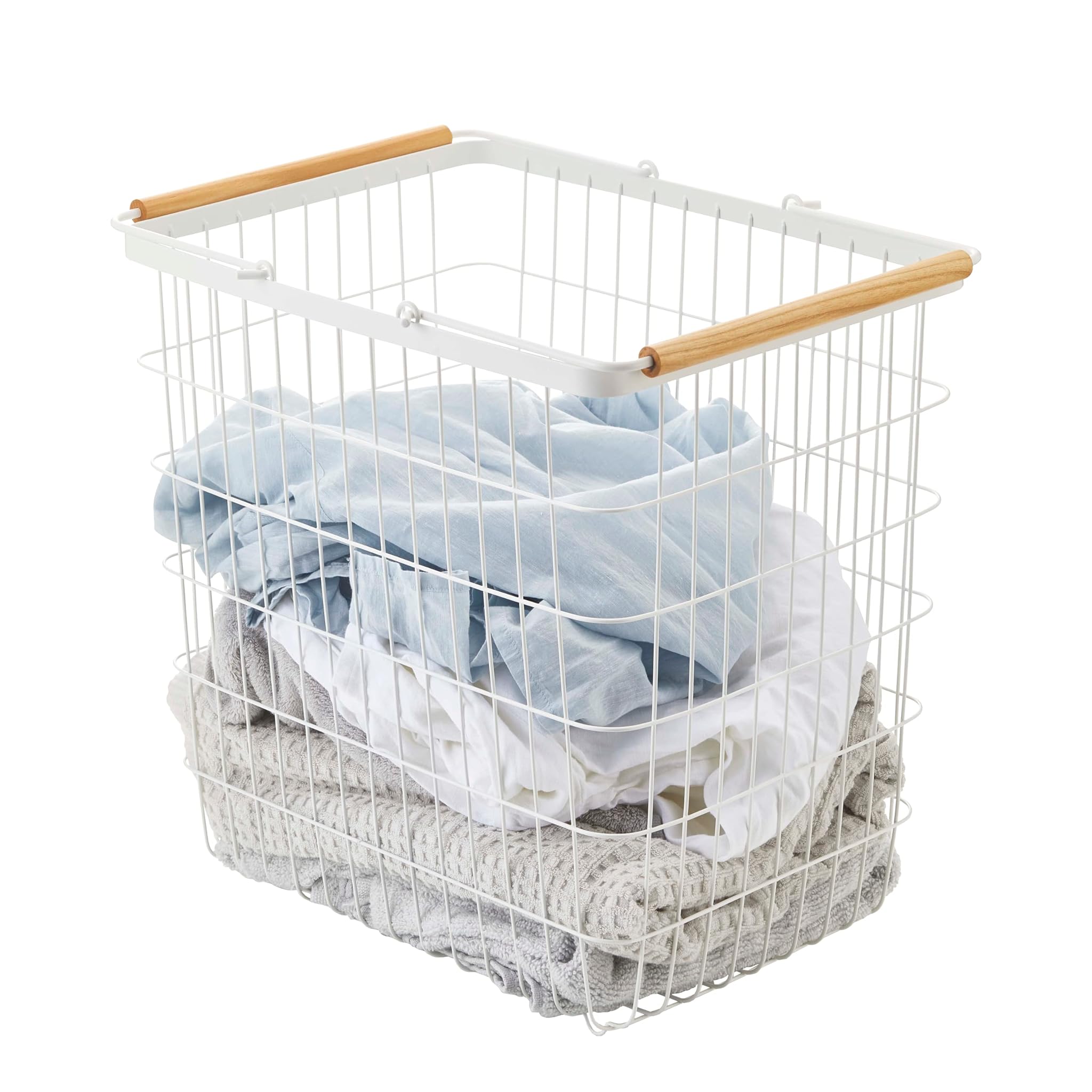 Yamazaki 2810 TOSCA Laundry Basket L, white, Steel/Wood, 41.5 x 31 x 38.5 cm