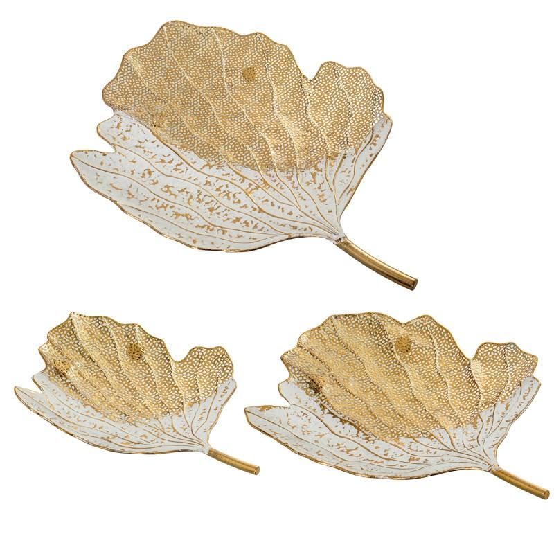 Set di 3 centrali a Forma di Foglie di Metallo Bianco e Oro 7x66x50 cm