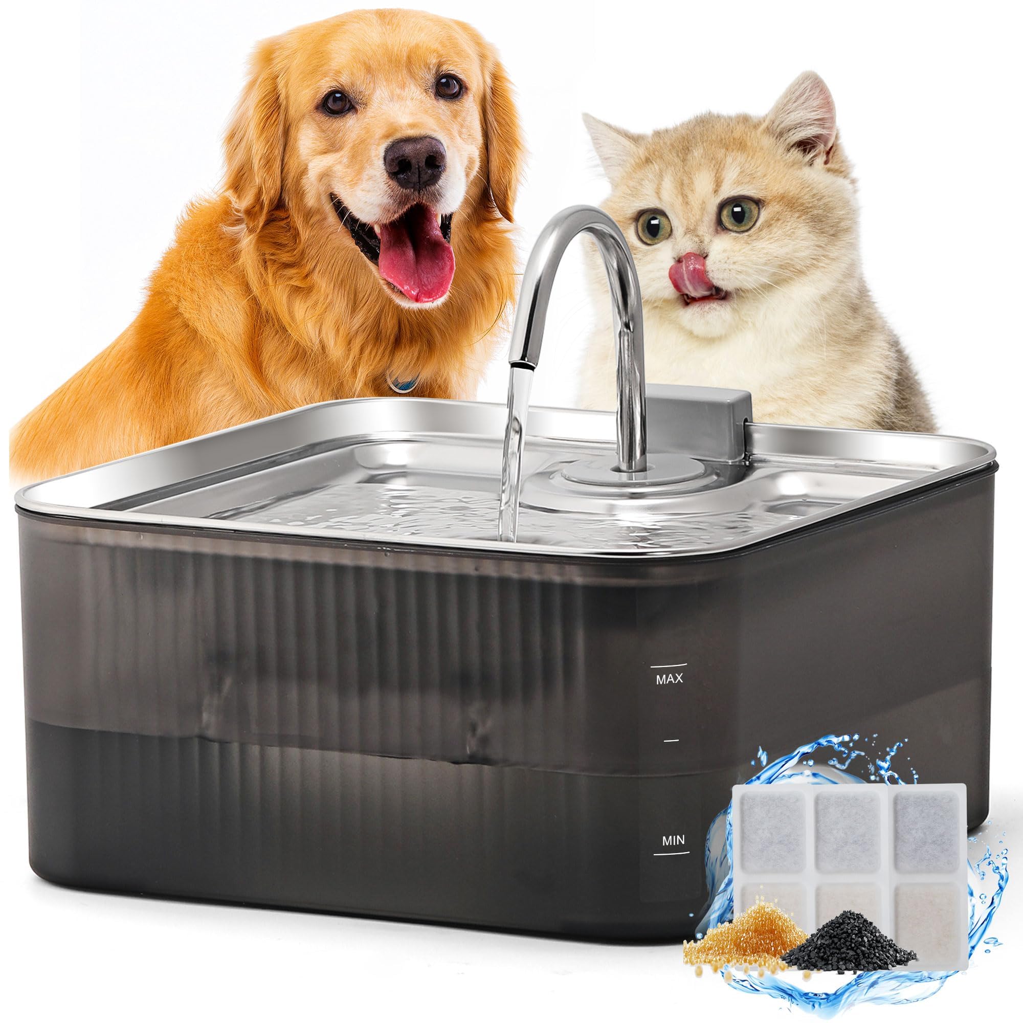 FUKUMARU Fontanella per Cani/Gatti. 7L. Fontana Automatica per Animali Domestici con Grandi Capacità in Acciaio Inox, Distributore d'Acqua con 3 Filtri di Ricambio