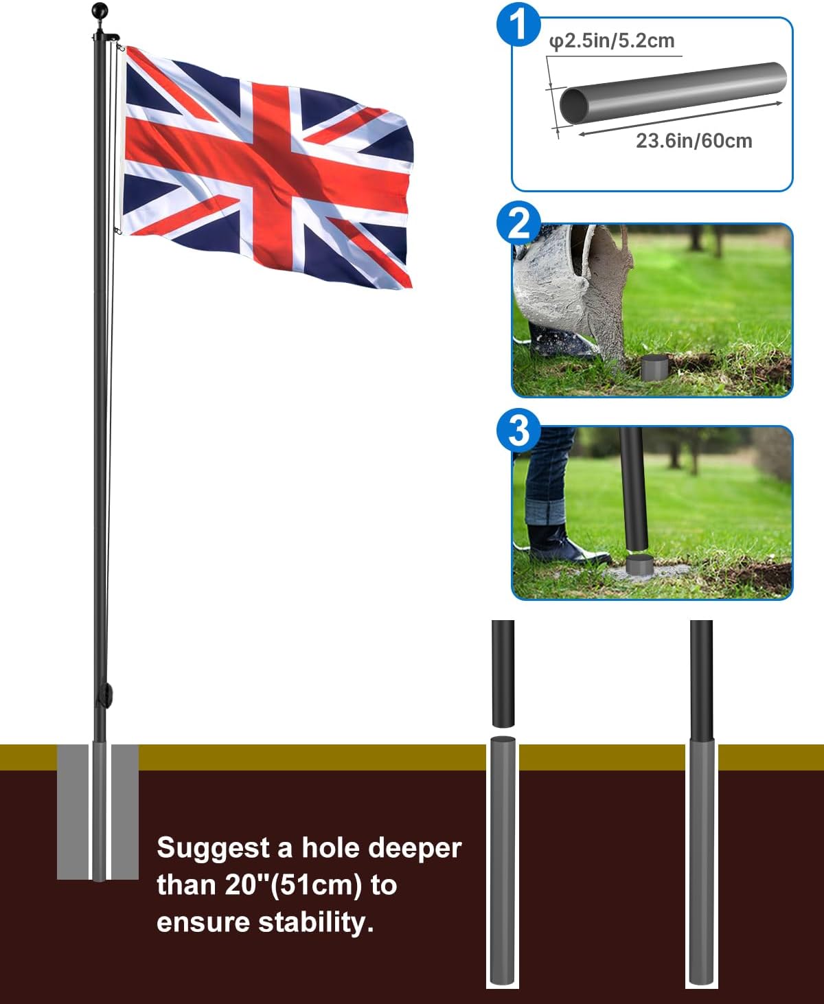 ZMTECH Kit Asta Portabandiera Sezionale 6m, Nera - immagine 5