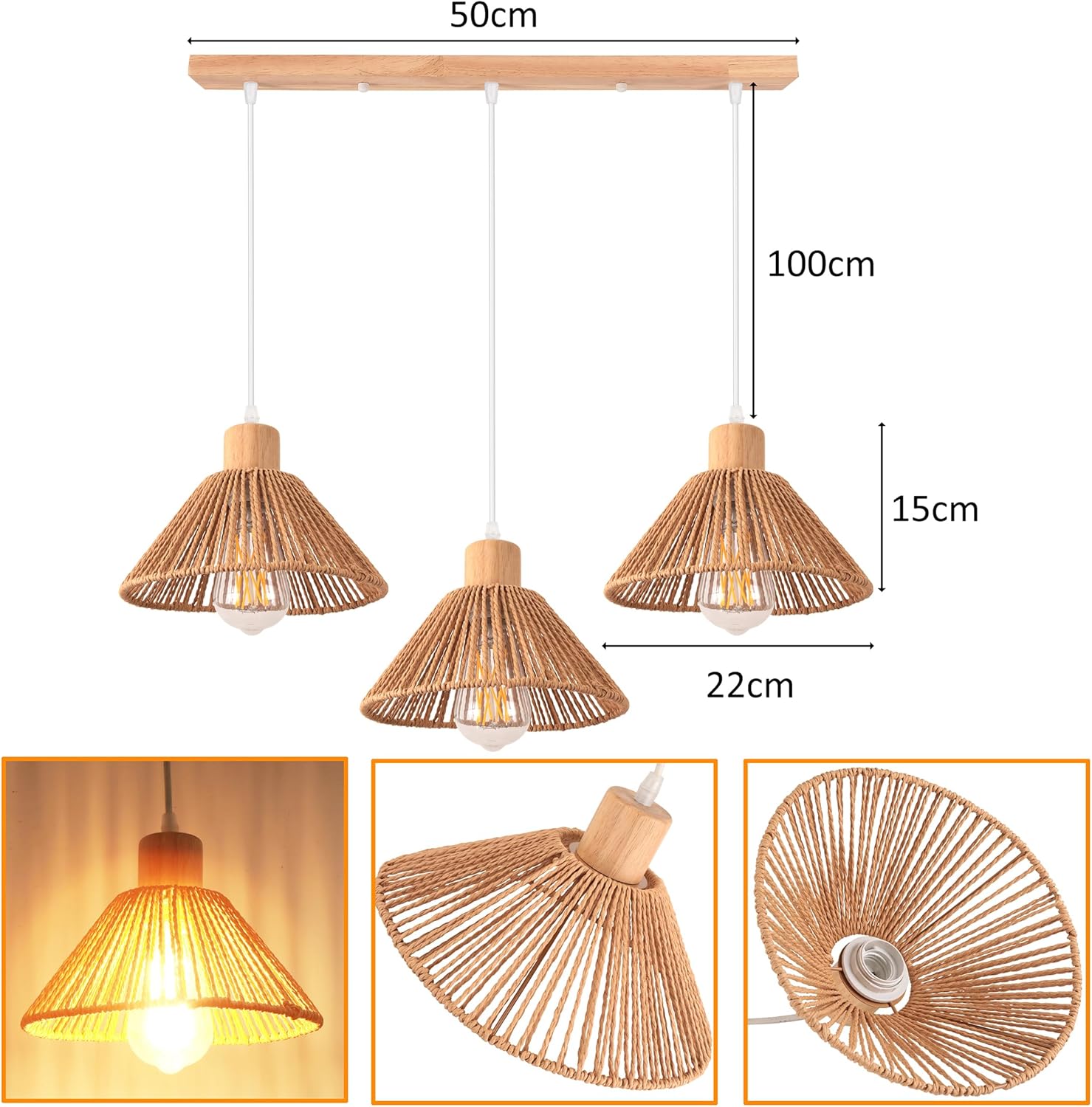 Idegu 3 Luci Lampada a Sospensione Retrò E27 - immagine 7