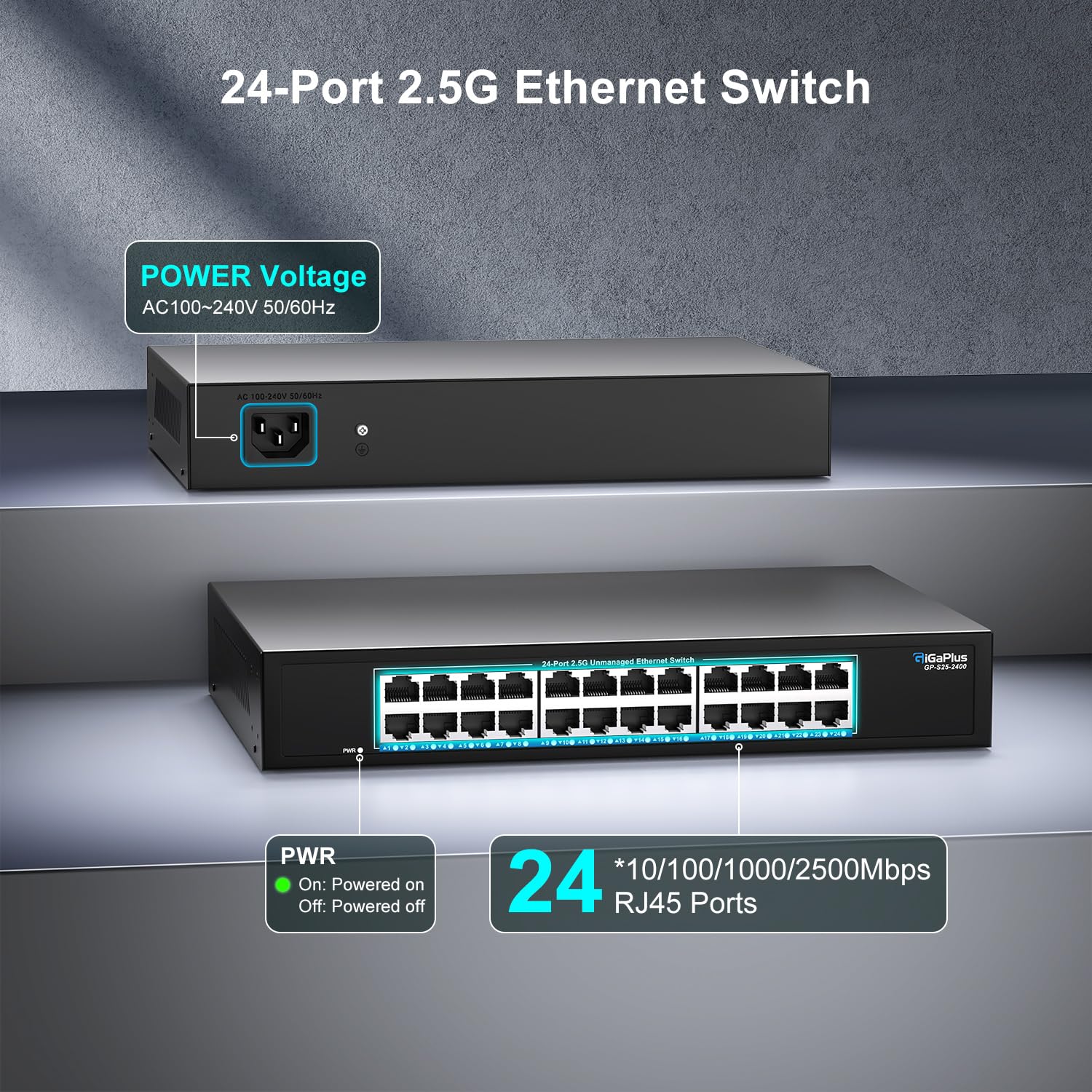 Switch Ethernet non gestito a 24 porte 2.5 Gb con 24 porte Base-T 2.5 Gbps, switch di rete GiGaPlus 2.5 Gbps per NAS/PC 2.5 Gbps, router WiFi6, AP wireless. Design senza ventola, Plug and Play - immagine 2