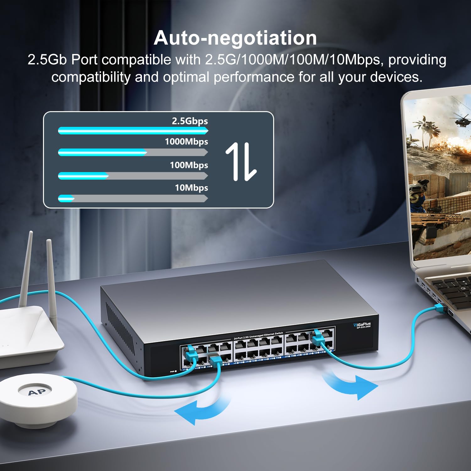 Switch Ethernet non gestito a 24 porte 2.5 Gb con 24 porte Base-T 2.5 Gbps, switch di rete GiGaPlus 2.5 Gbps per NAS/PC 2.5 Gbps, router WiFi6, AP wireless. Design senza ventola, Plug and Play - immagine 3