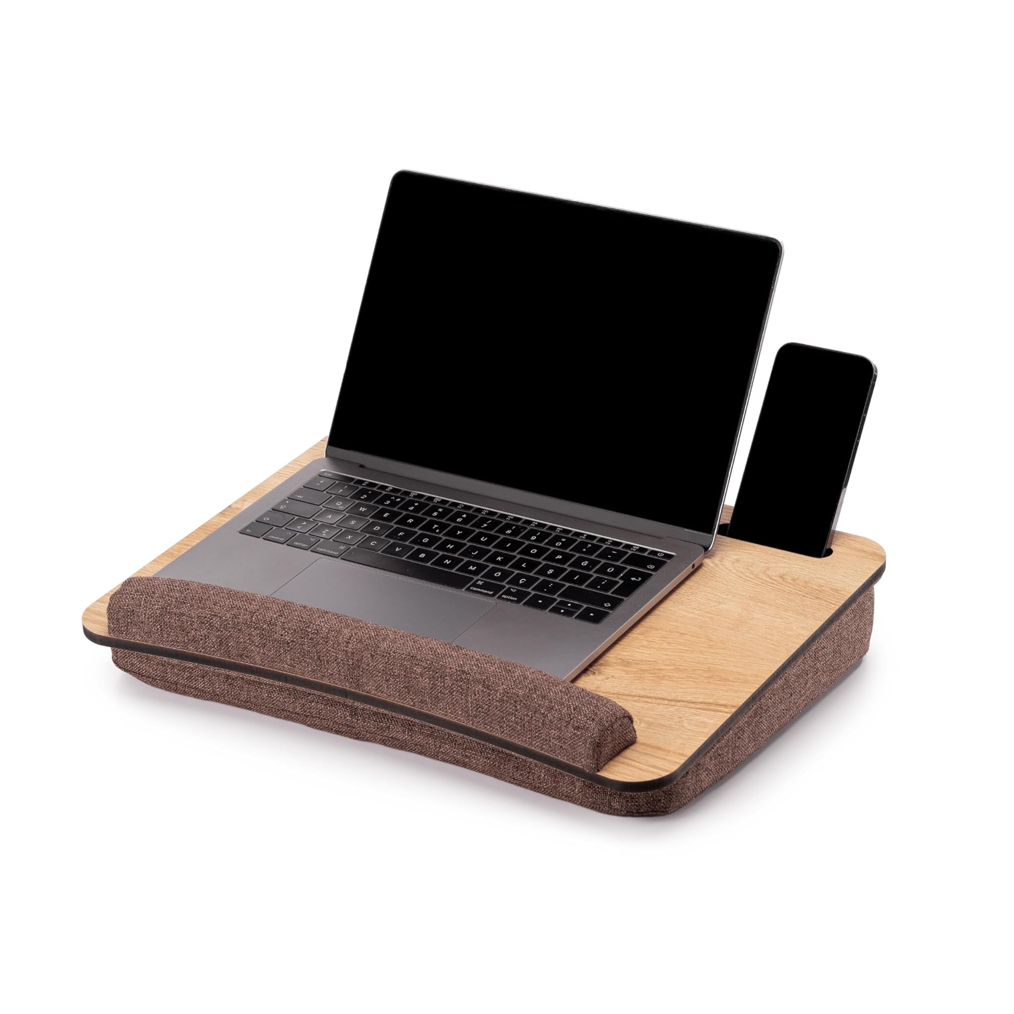 Vigo Wood Scrivania Portatile su Grembo con Cuscino,Vassoio Morbido da Divano per Ufficio Domestico, Leggero e Portatile con Poggiapolso, Tablet fino a 15.6''e Supporto per Telefono (Rovere E Marrone)