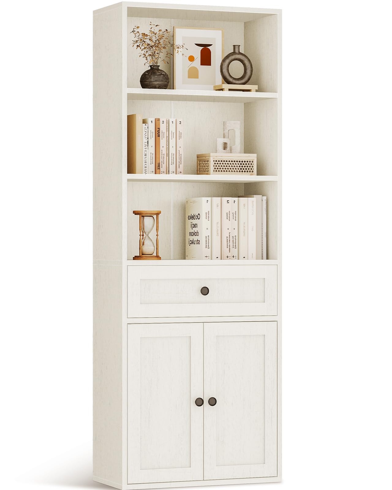 Coleshome Libreria con Ante e Cassetti a 5 Ripiani, Scaffale salvaspazio per Soggiorno, Ufficio, Camera da Letto, Bianco, 48 x 24 x 164.2