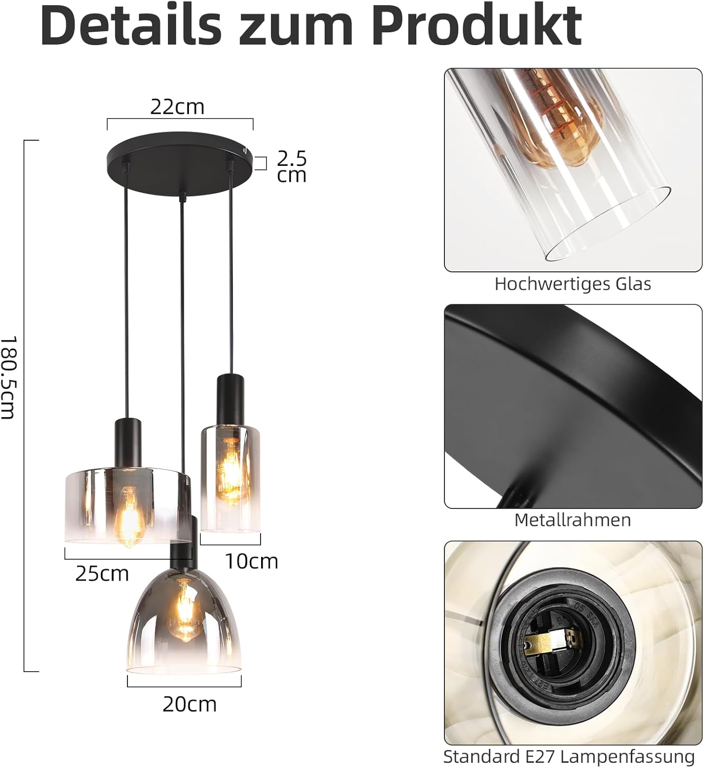 Cbjktx Lampada Sospesa Vintage E27 - 3 Luci - immagine 4