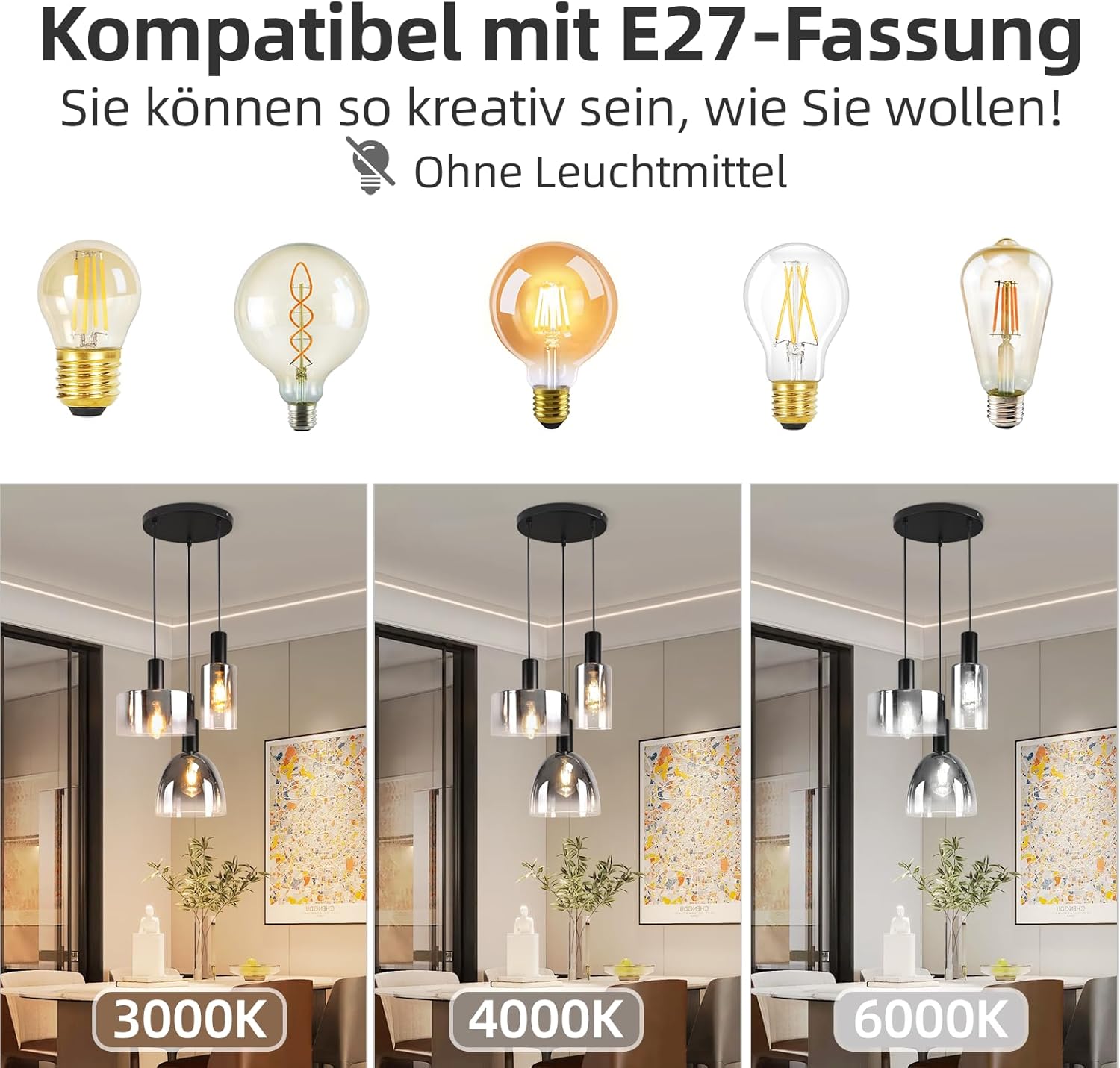 Cbjktx Lampada Sospesa Vintage E27 - 3 Luci - immagine 6