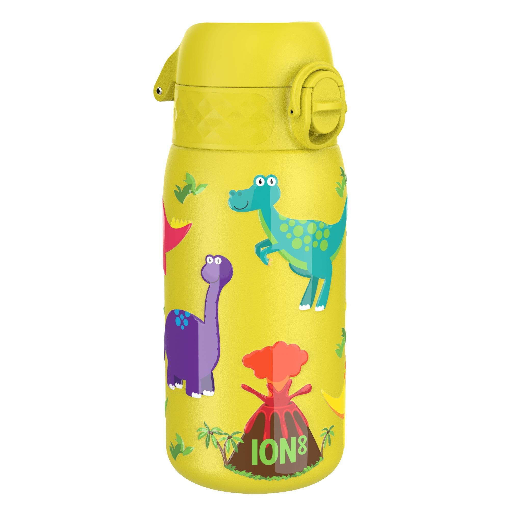 Ion8 Borraccia Inox Leggero per Bambini, 400ml, Non Isolato, a Prova di Perdite, Facile da Aprire, Serratura Sicura, Lavabile in Lavastoviglie, Facile Pulizia, Durevole e Antigraffio, Dinosauri