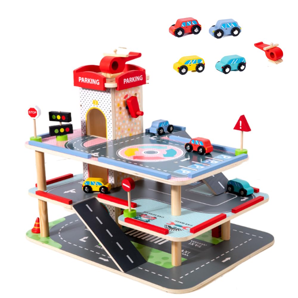 Parcheggio per bambini, garage in legno, garage per bambini, parcheggio per auto, legno, garage in legno, auto per bambini con 4 auto e 1 elicottero, garage a 3 piani con ascensore, 3 segnali