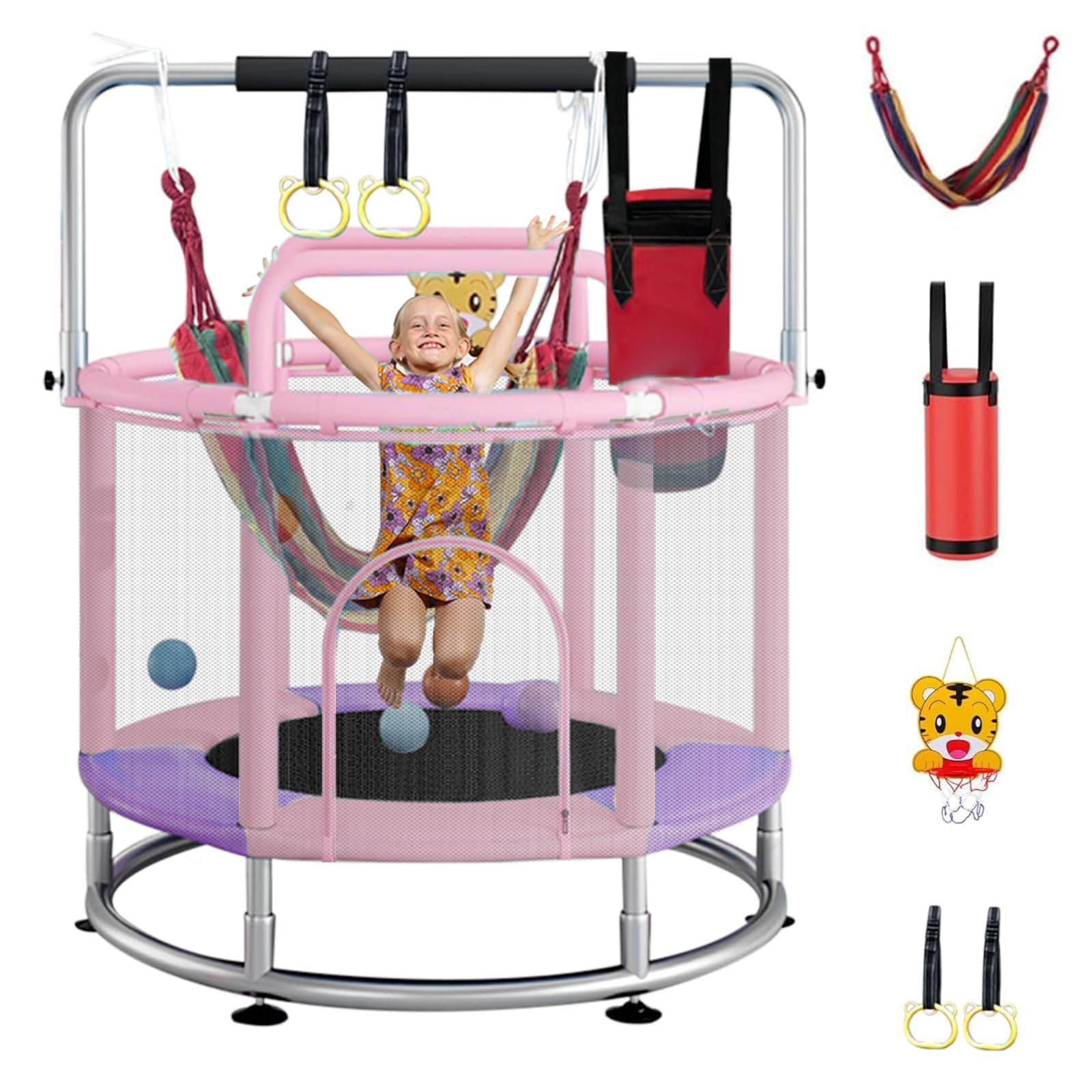 Trampolino per Bambini 140 cm con Rete e Aste Ginnastica