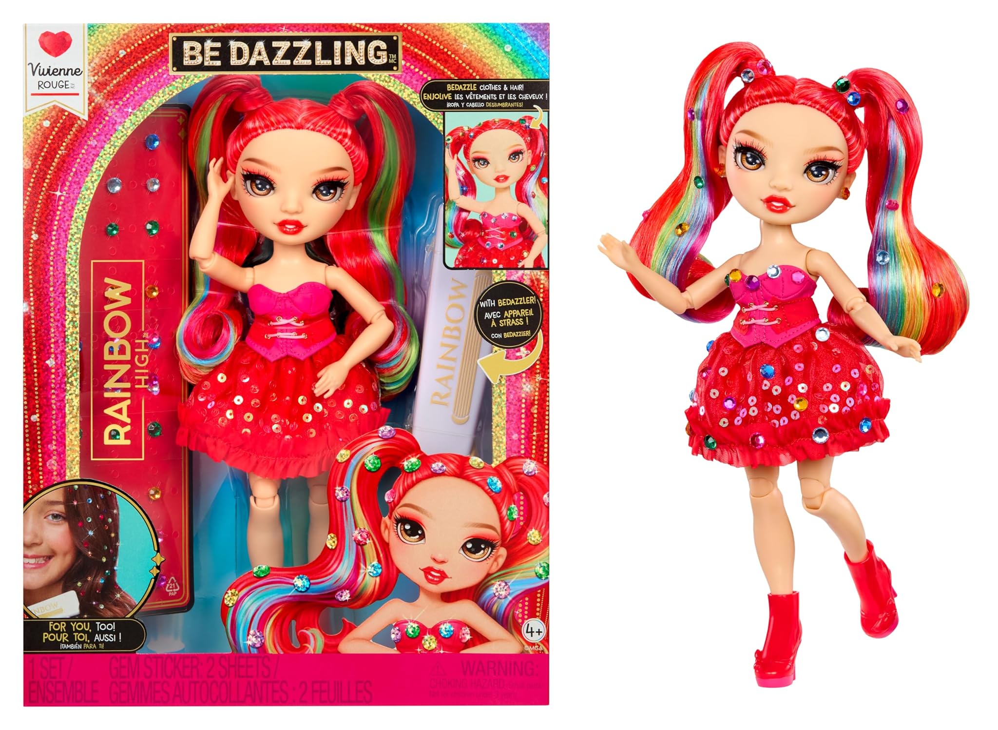 Rainbow High Be Dazzling - Vivienne Rouge - Fashion Doll rossa da 28 cm con decori, gemme scintillanti e accessori per lo styling