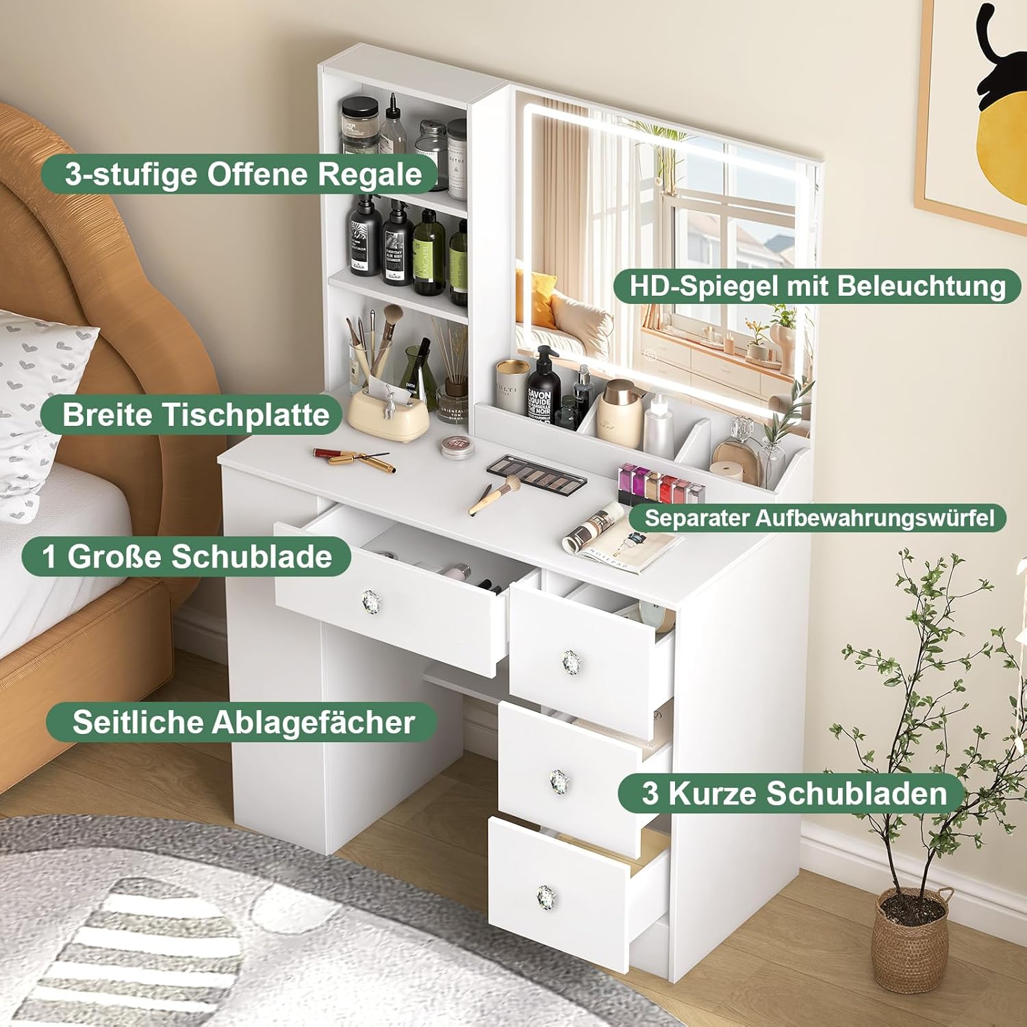 Toeletta con Luce LED Regolabile e Specchio - immagine 2