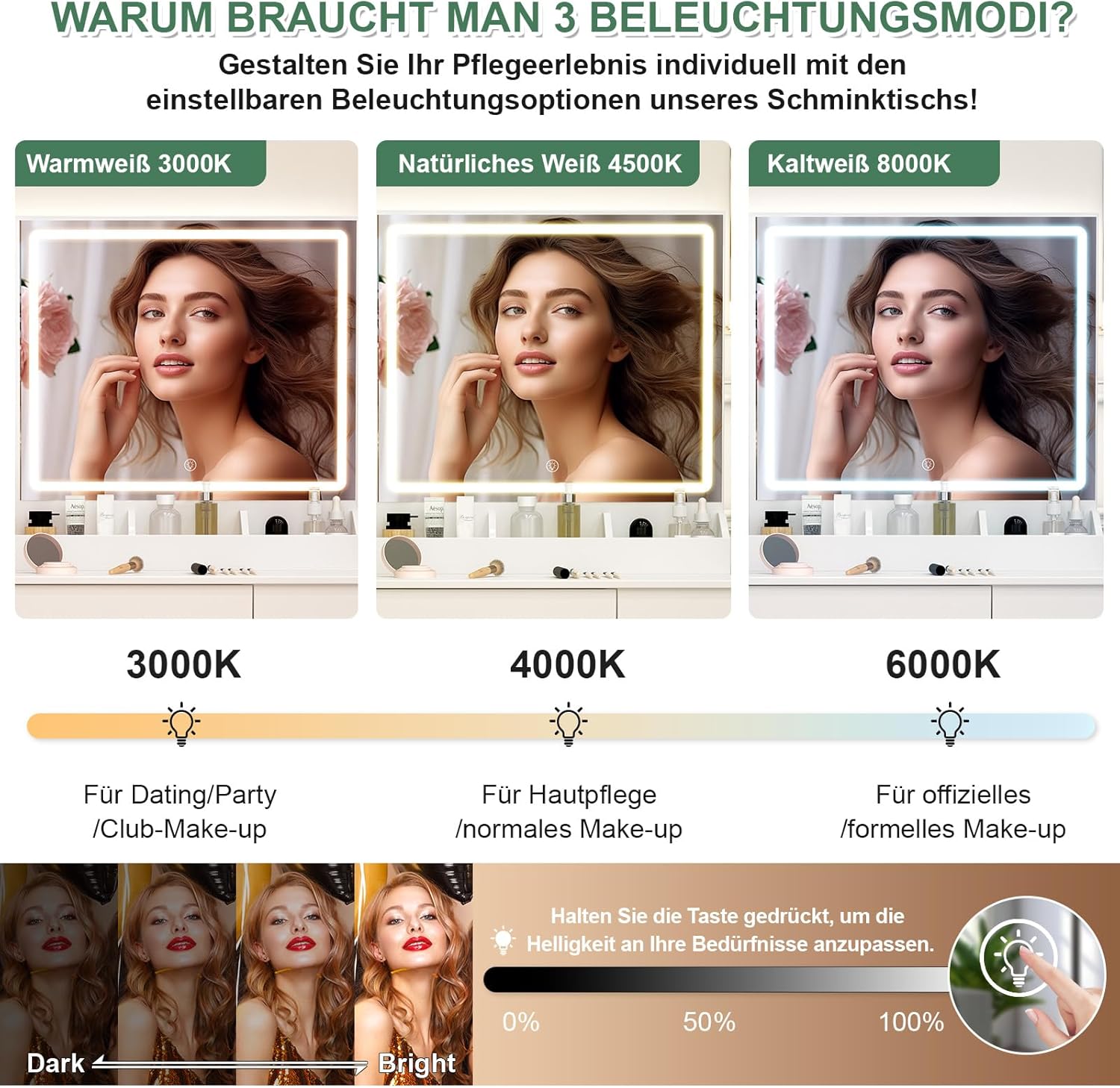 Toeletta con Luce LED Regolabile e Specchio - immagine 3