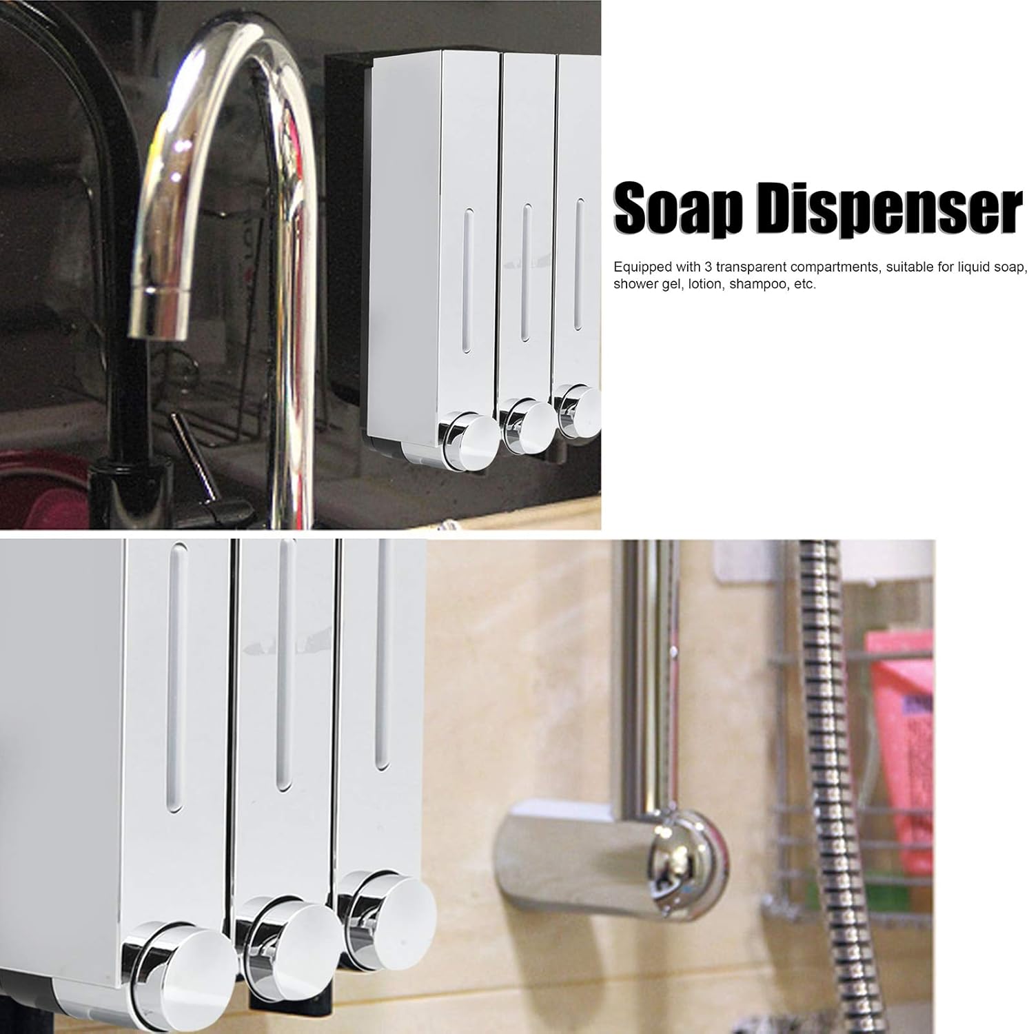 Distributore di Sapone a Parete 420ml x3, Argento - immagine 2