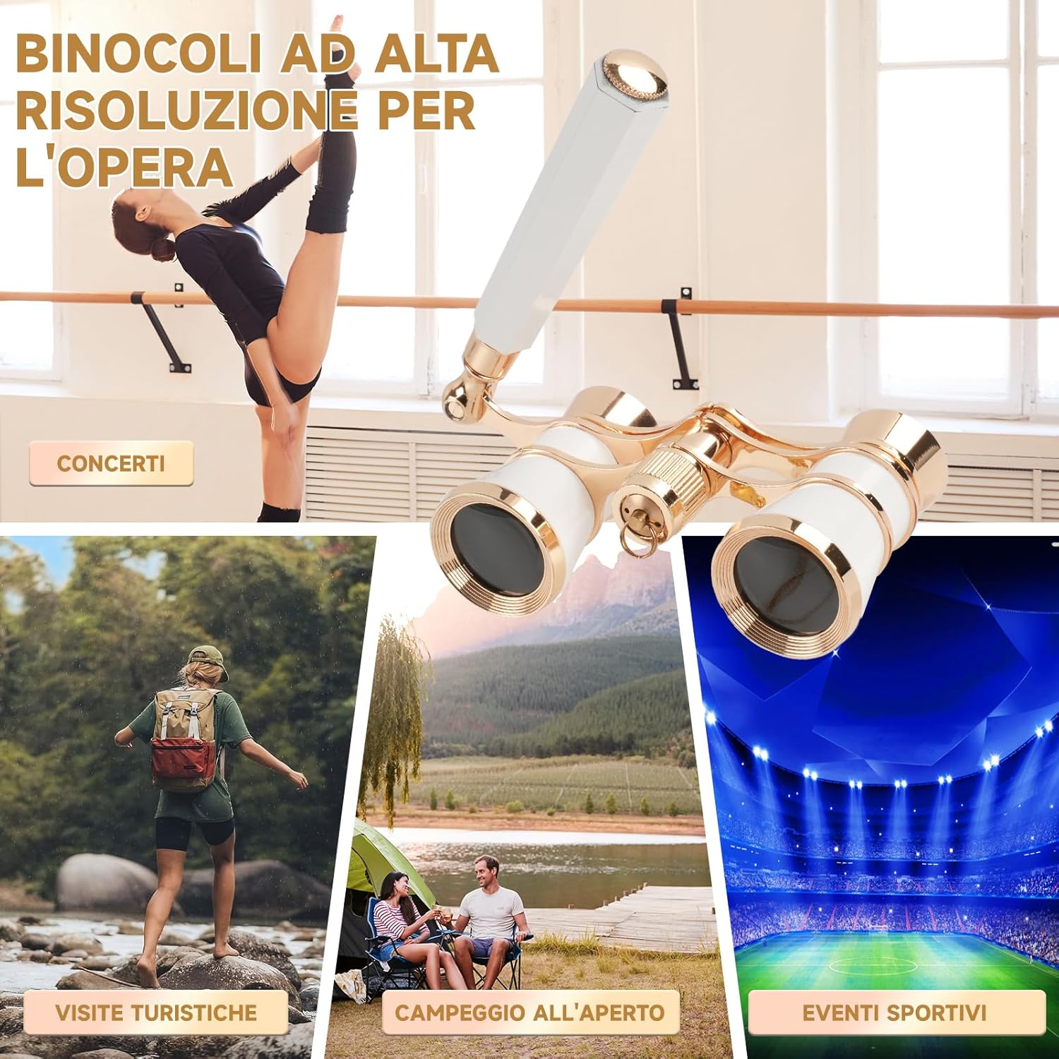 Occhiali da Opera 3x25 con Manico e Catena, Bianco - immagine 7