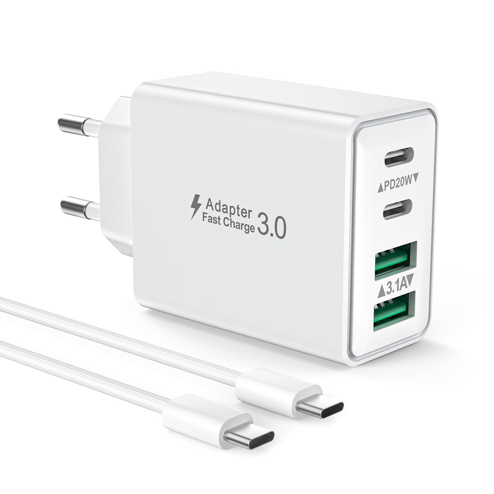 Caricatore USB C 40W 4 Porte con Cavo 2M