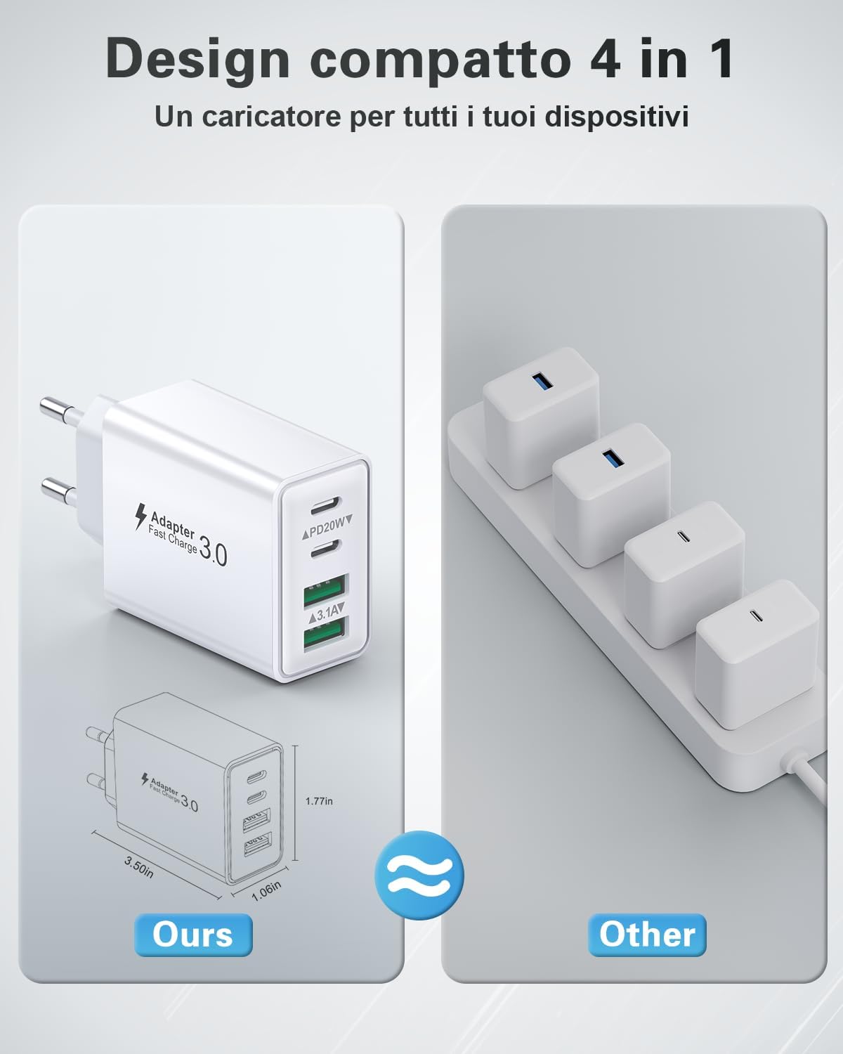 Caricatore USB C 40W 4 Porte con Cavo 2M - immagine 4