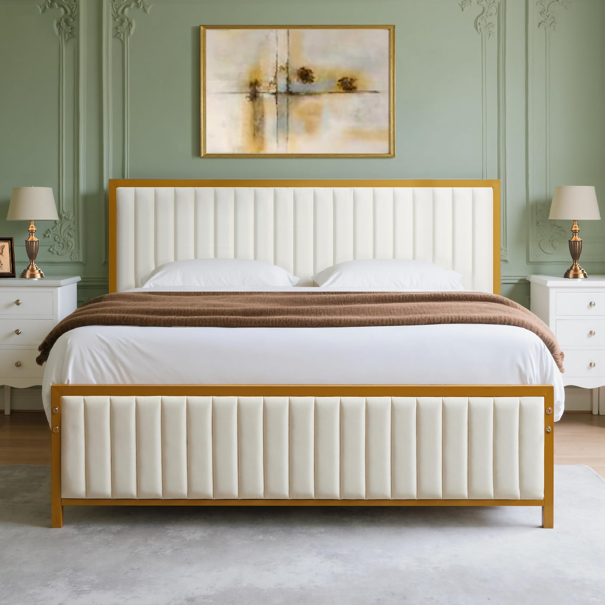 VECELO Letto Matrimoniale Imbottito 140x190 cm, Beige