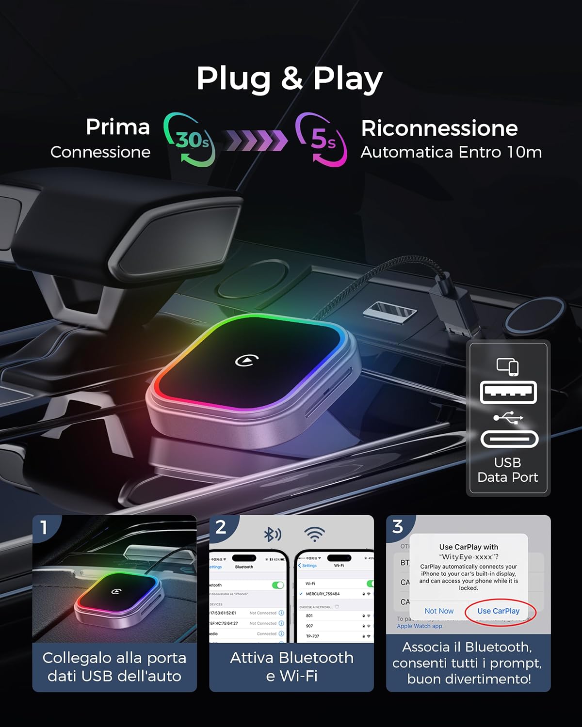 Adattatore CarPlay e Android Auto Wireless Bluetooth V5.3 - immagine 5