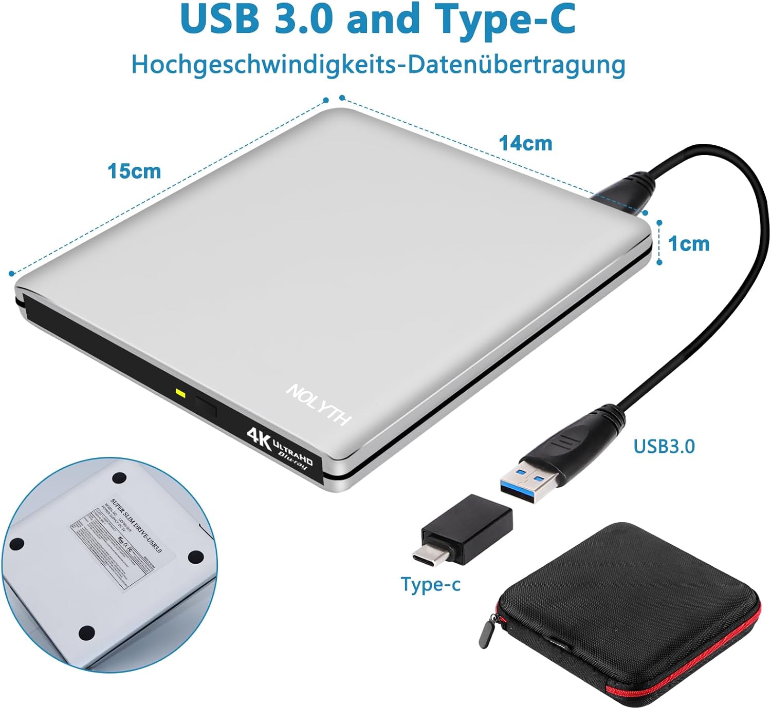 Nolyth Unità Esterna Blu Ray USB 3.0 Type-C UHD 4K - immagine 4