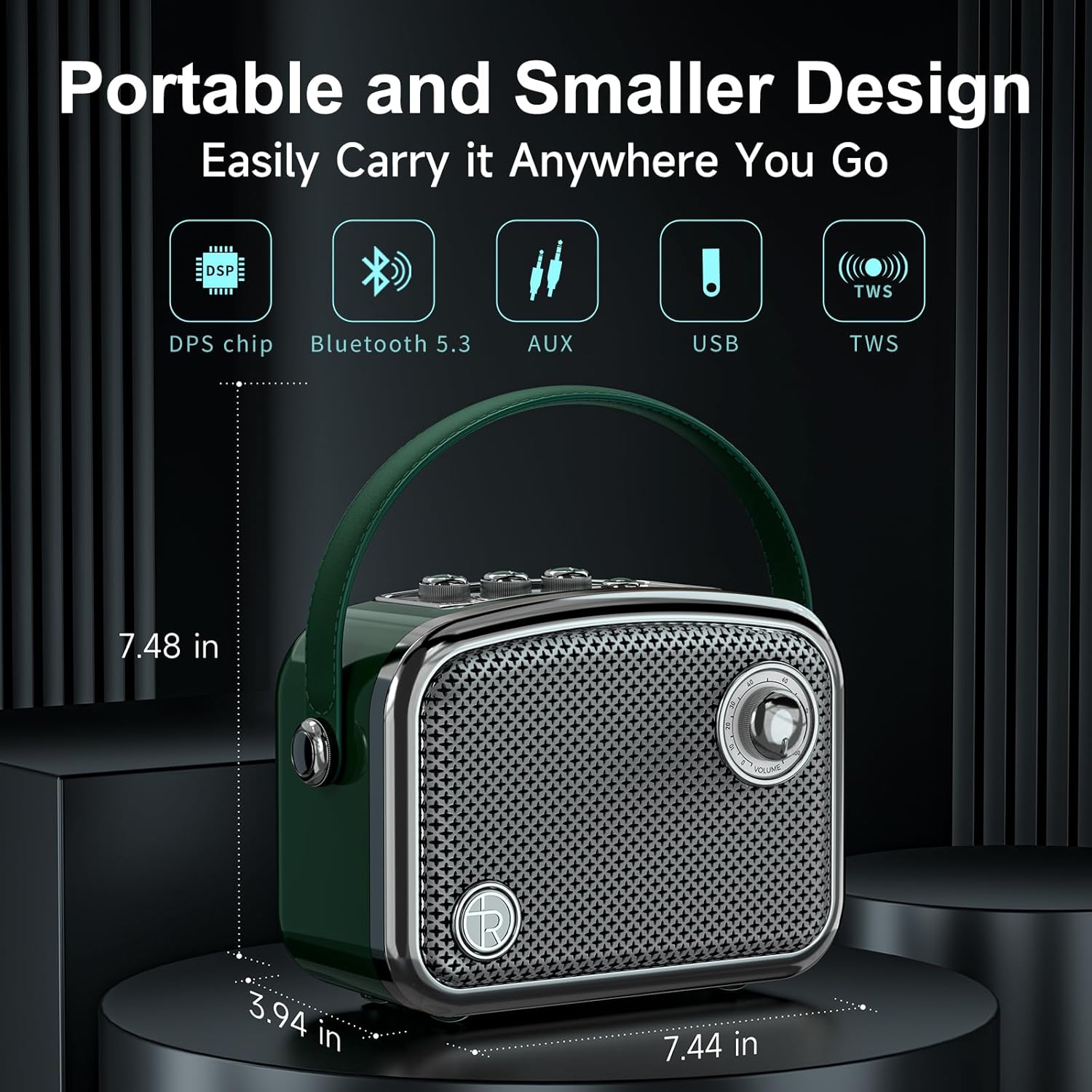 Altoparlante Bluetooth Portatile Stile Vintage, Verde - immagine 4