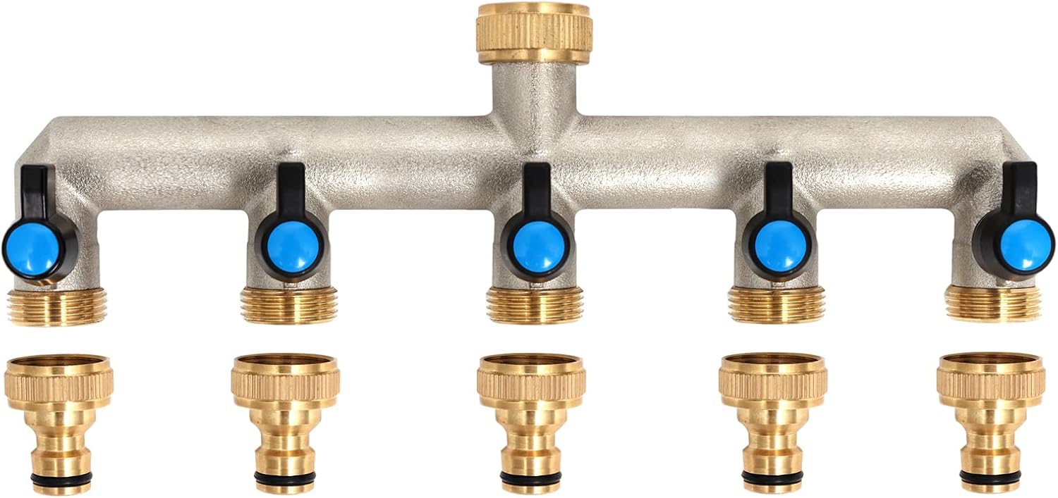 Distributore Acqua in Ottone a 5 Vie per Tubi da Giardino