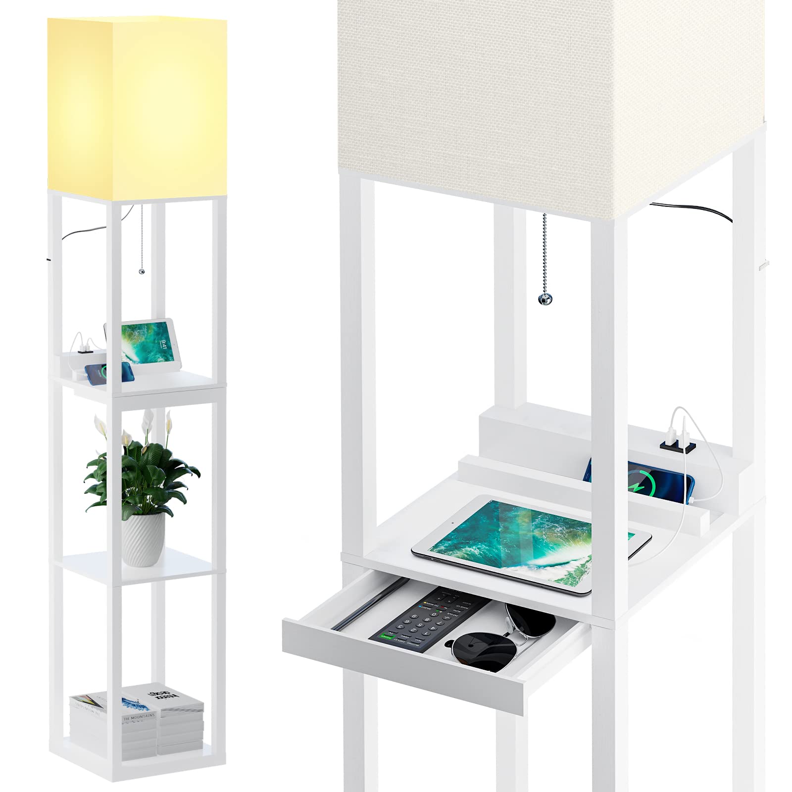 SUNMORY Lampada da Terra a Mensola con USB e Cassetto, Bianca