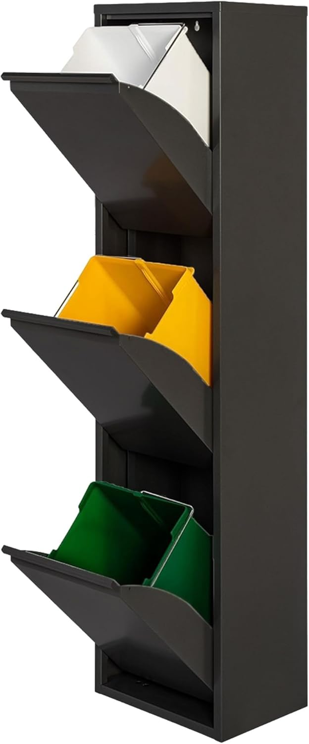 Jobgar Pattumiera Riciclaggio 3 Scomparti 51L, Nero Opaco