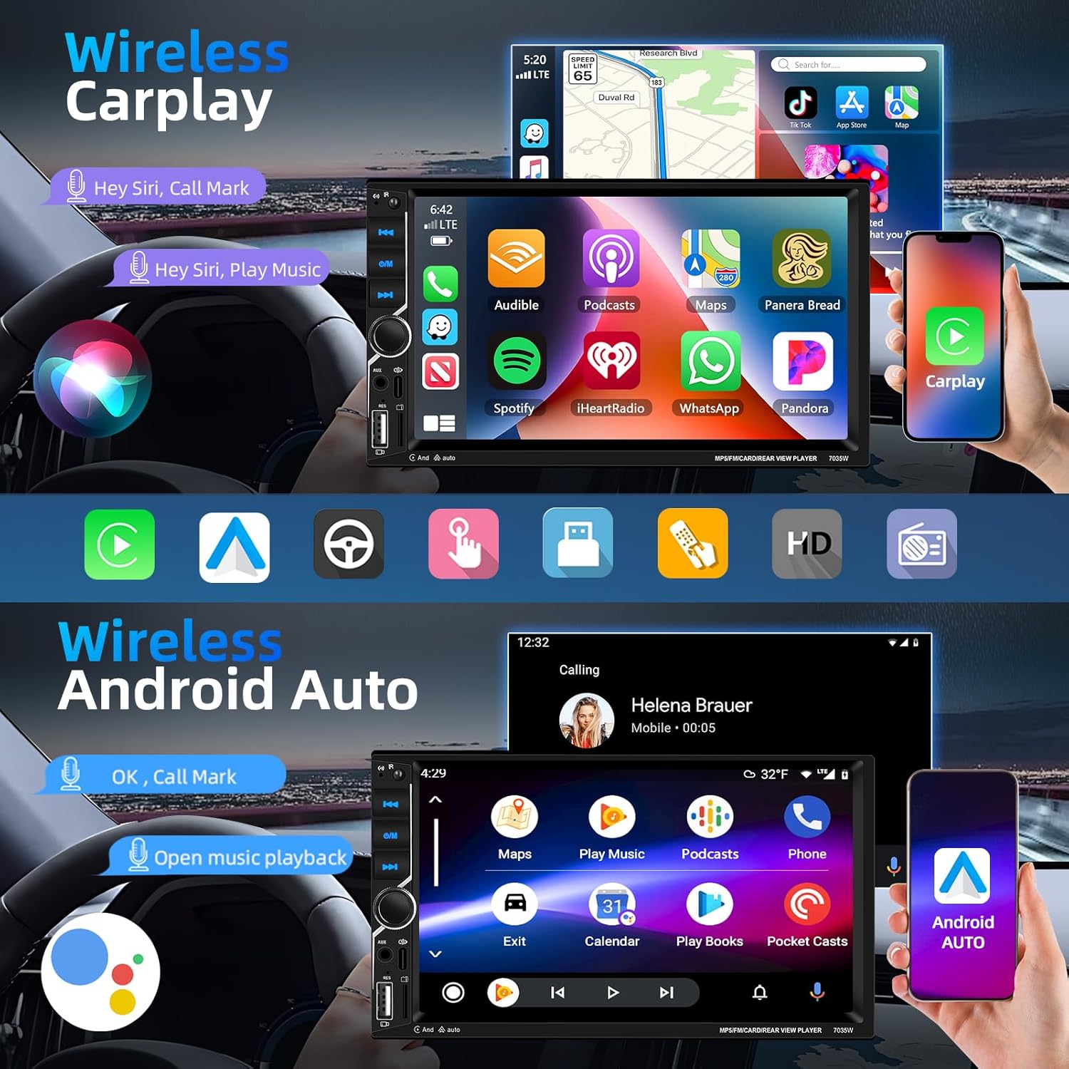 Motorsi Carplay Android Auto 2 Din Stereo 7" HD Touch Screen - immagine 2