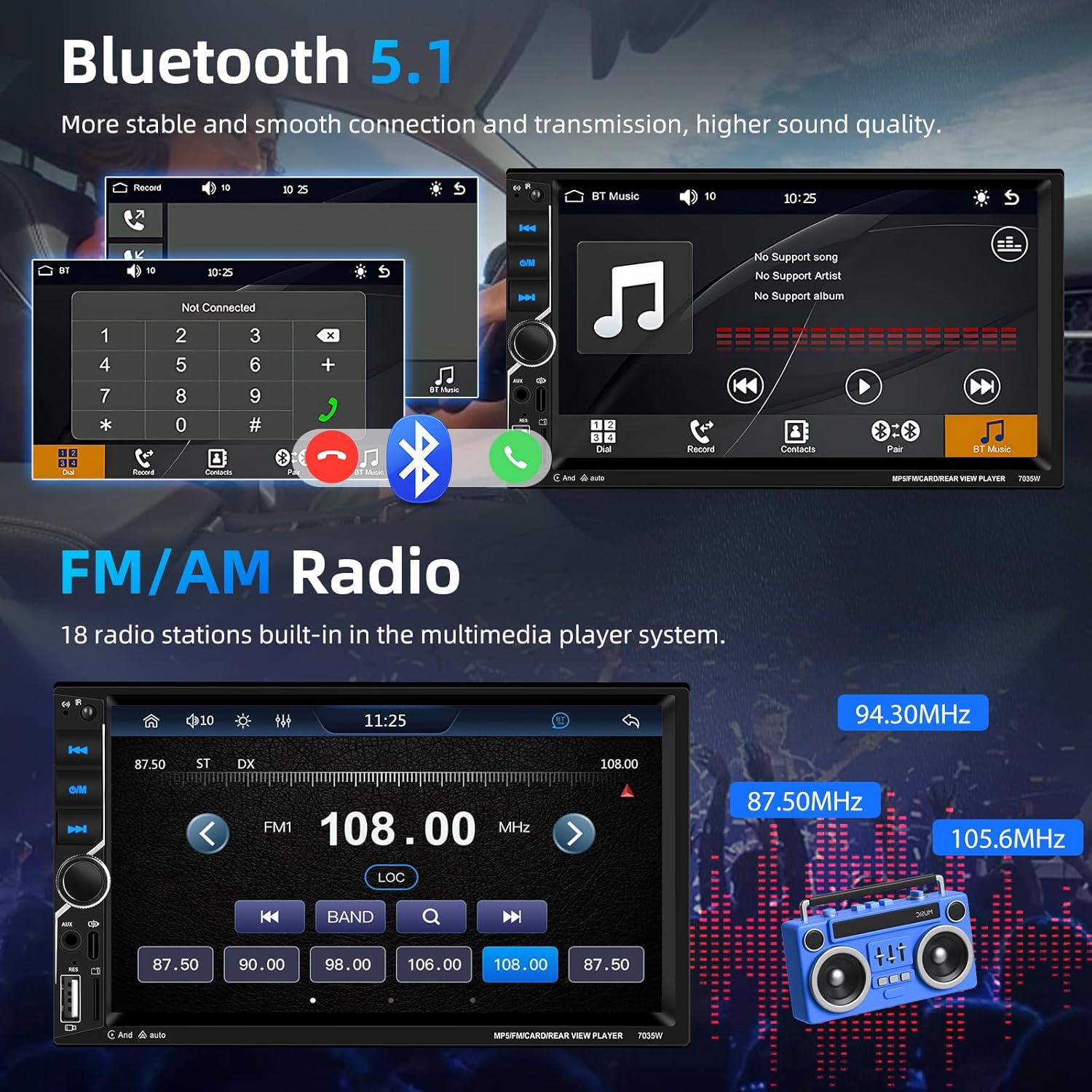 Motorsi Carplay Android Auto 2 Din Stereo 7" HD Touch Screen - immagine 5