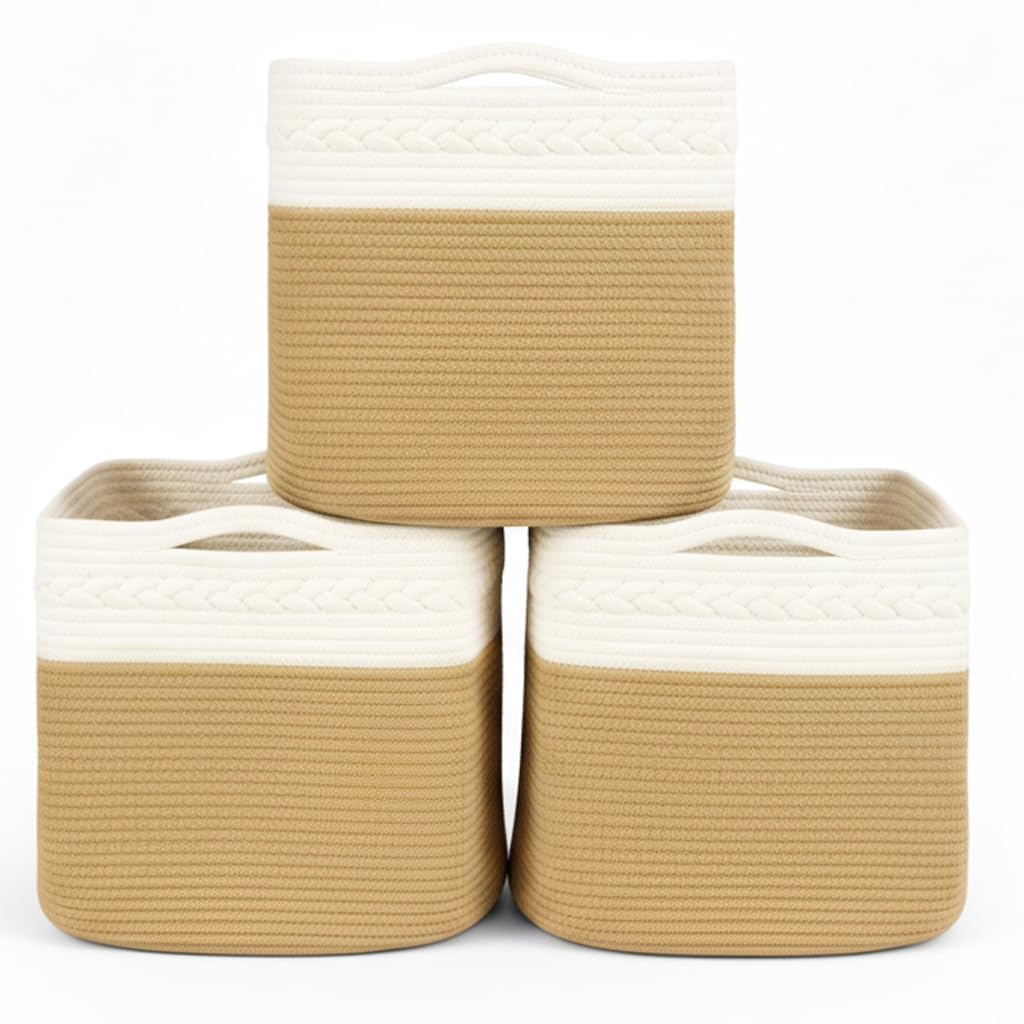 Danpinera 3 Cestini Rettangolari Intrecciati, Bianco e Iuta